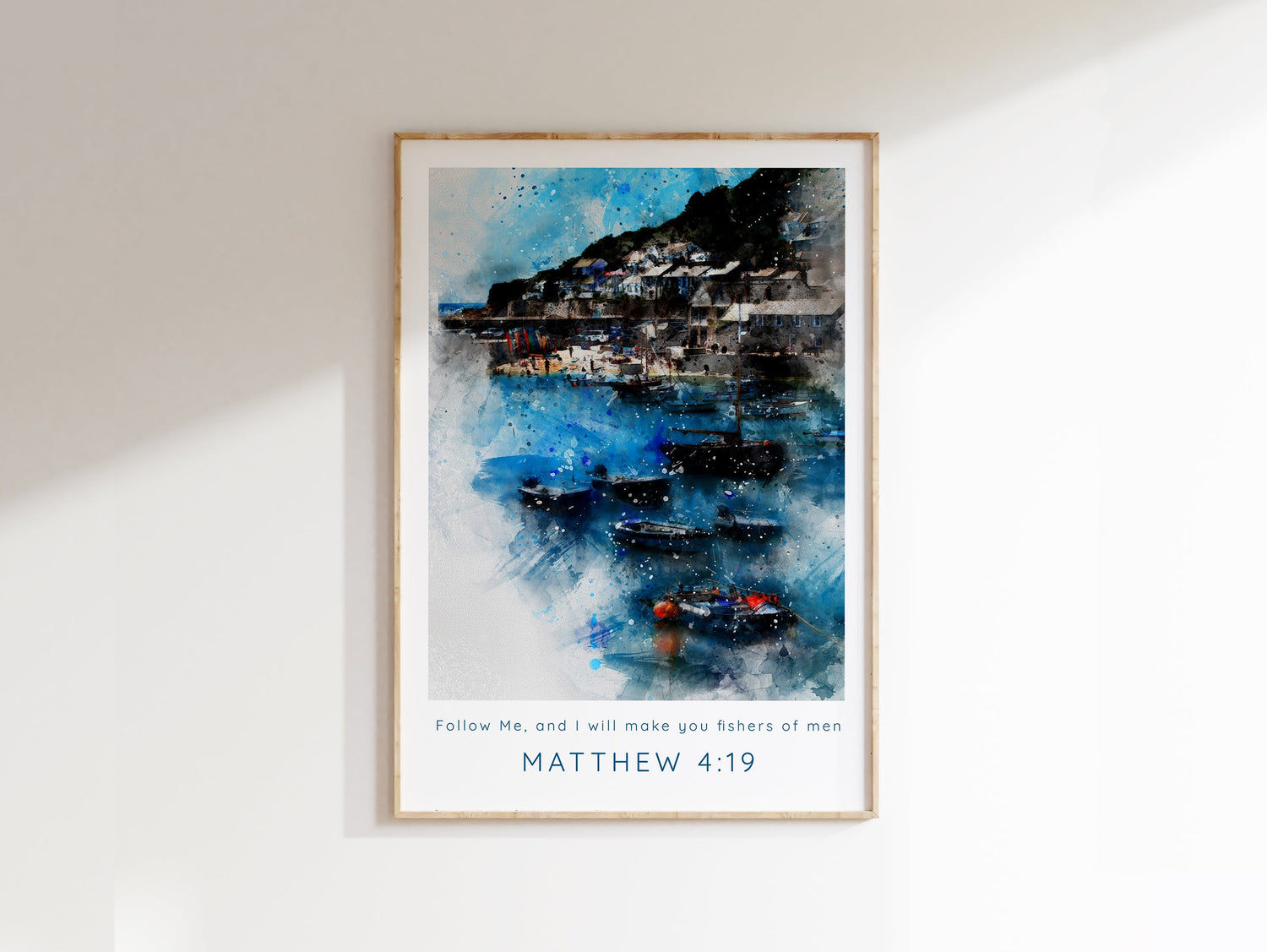 Watercolour fishing village print with Matthew 4:19 quote, Modern Christian art featuring 'Follow Me' Bible verse