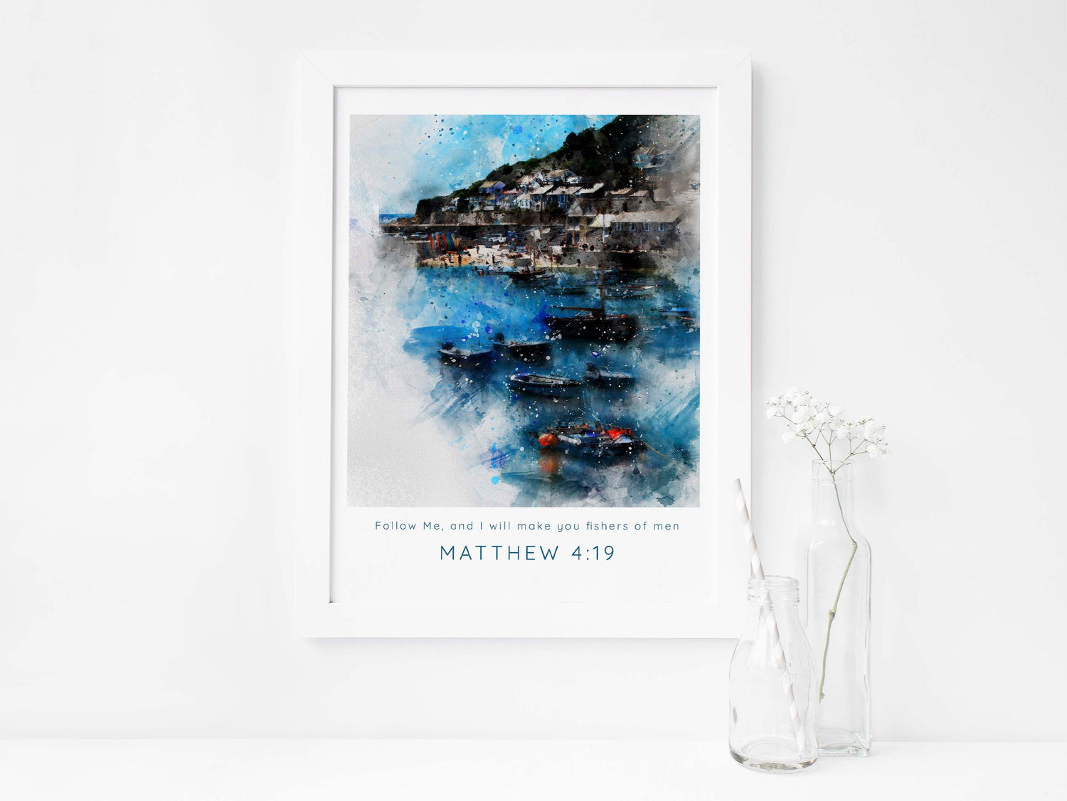 Fishers of Men Scripture wall art in watercolour style, Serenity of fishing village art with biblical message