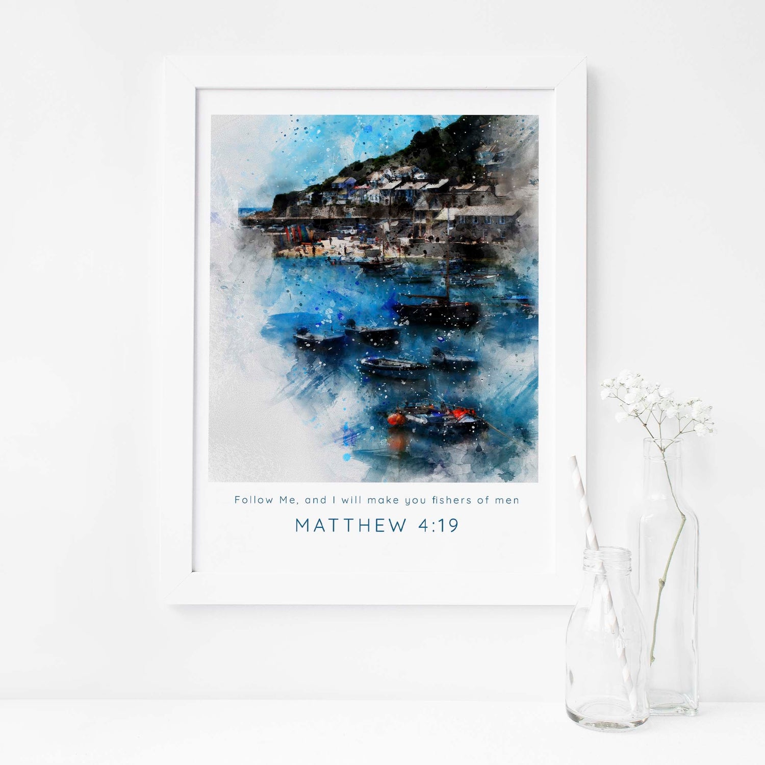 Fishers of Men Scripture wall art in watercolour style, Serenity of fishing village art with biblical message