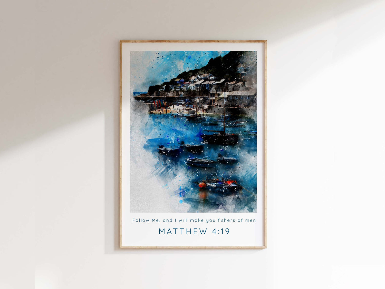 Matthew 4:19 wall art print with fishing village scene, Biblical watercolour art print - Matthew 4:19, bible verse wall art