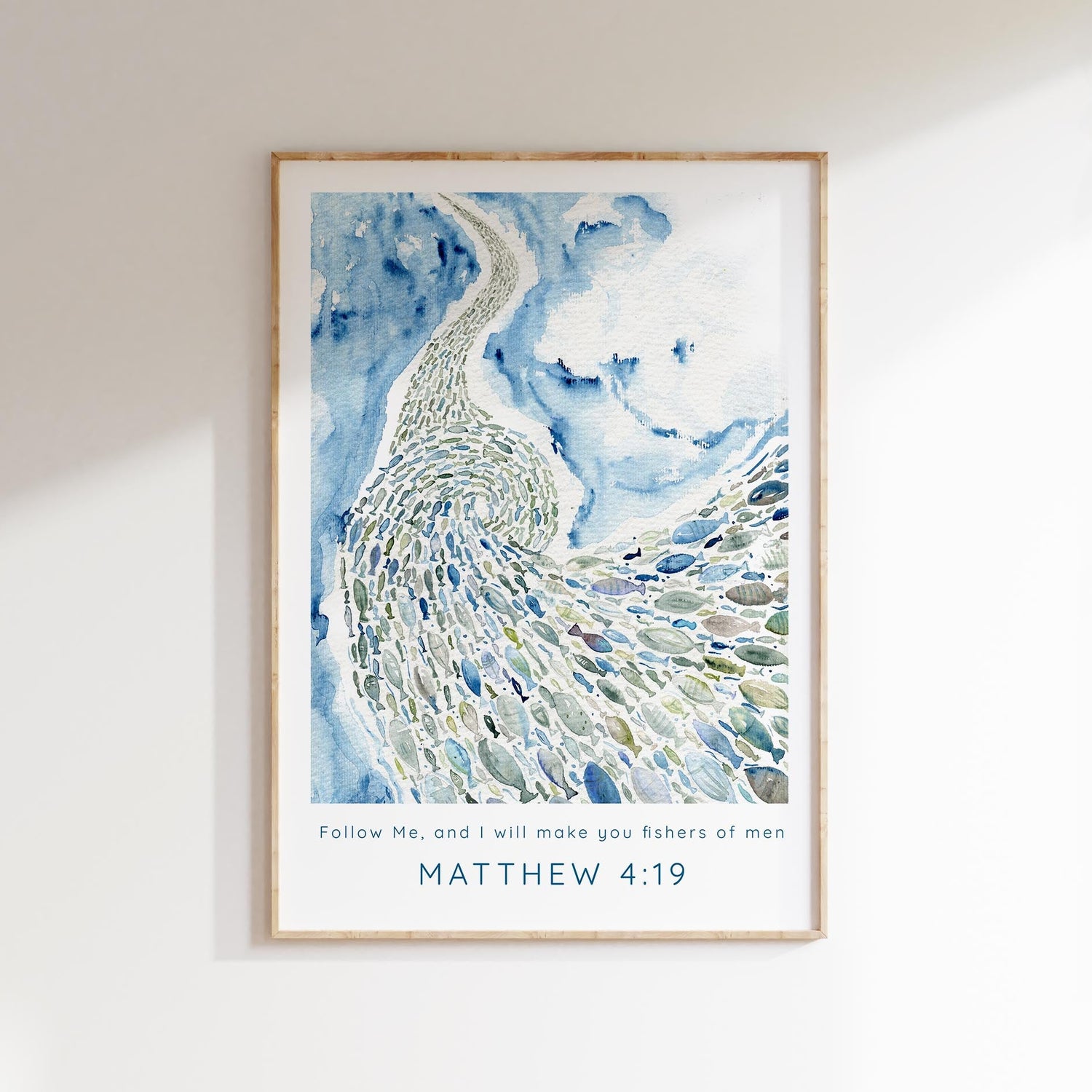 Fishers of Men Bible verse art in watercolour style, Christian discipleship wall poster - Matthew 4:19, Modern Christian wall art