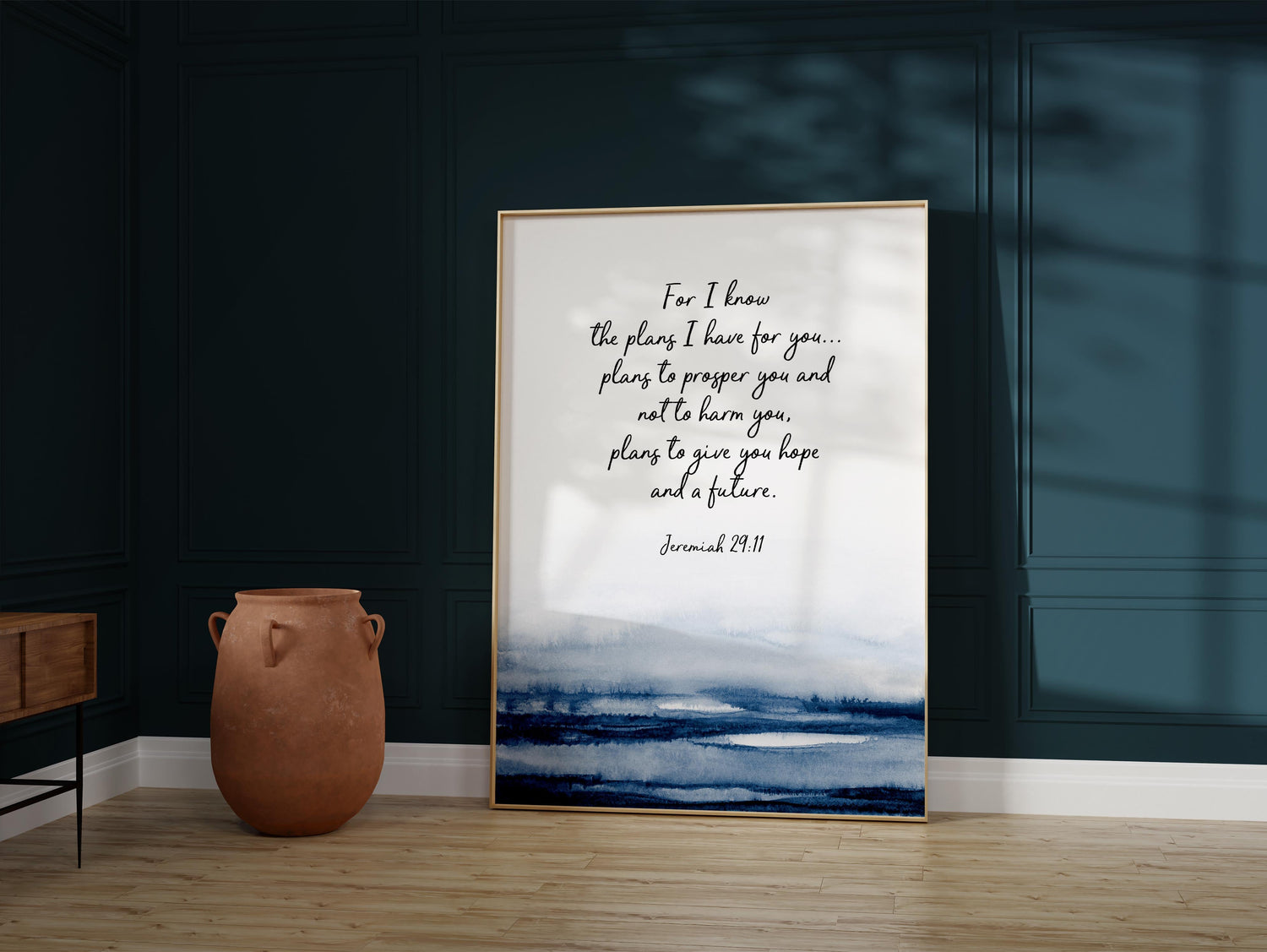Jeremiah 29:11 Bible Verse Print with Dark Blue Water, Inspirational Scripture Wall Art with Jeremiah 29:11