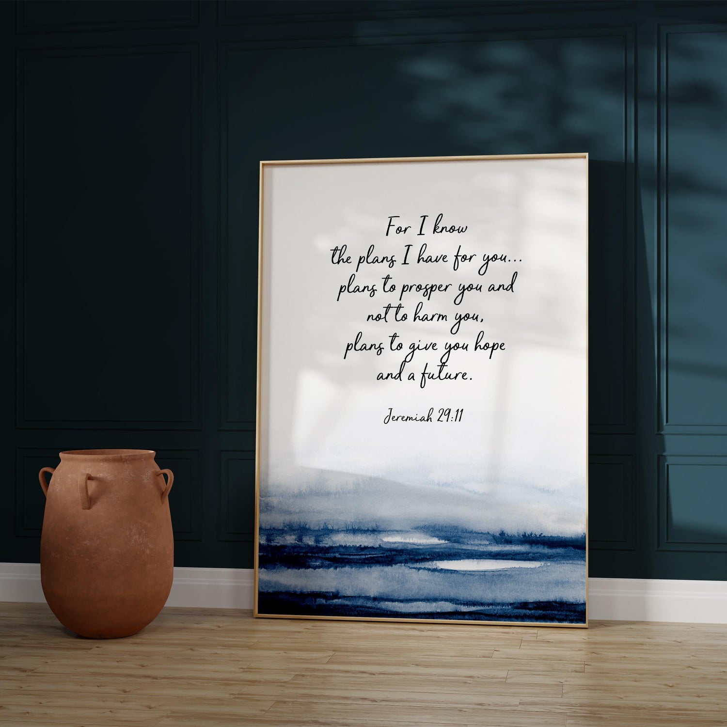 Jeremiah 29:11 Bible Verse Print with Dark Blue Water, Inspirational Scripture Wall Art with Jeremiah 29:11