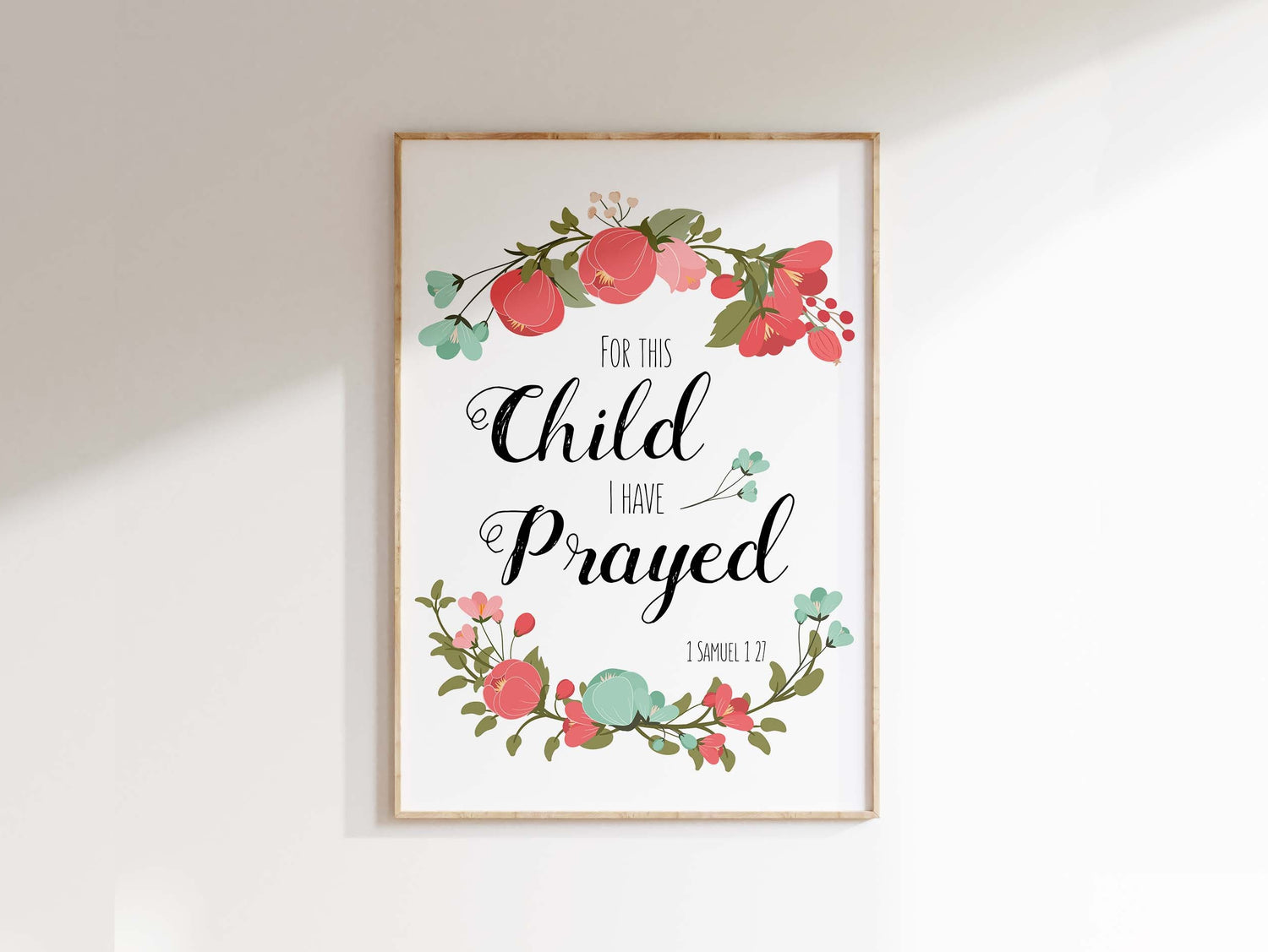 Coral and Turquoise Flower Wreath Wall Art, Nursery Decor with 'For this child I prayed', Biblical Quote Art with Floral Wreaths