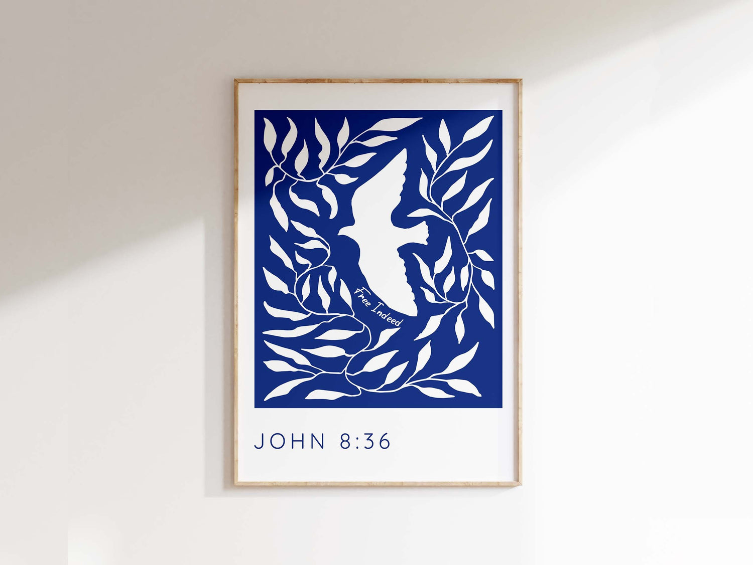 White dove surrounded by leaves, 'Free Indeed' John 8:36 print, spiritual wall art