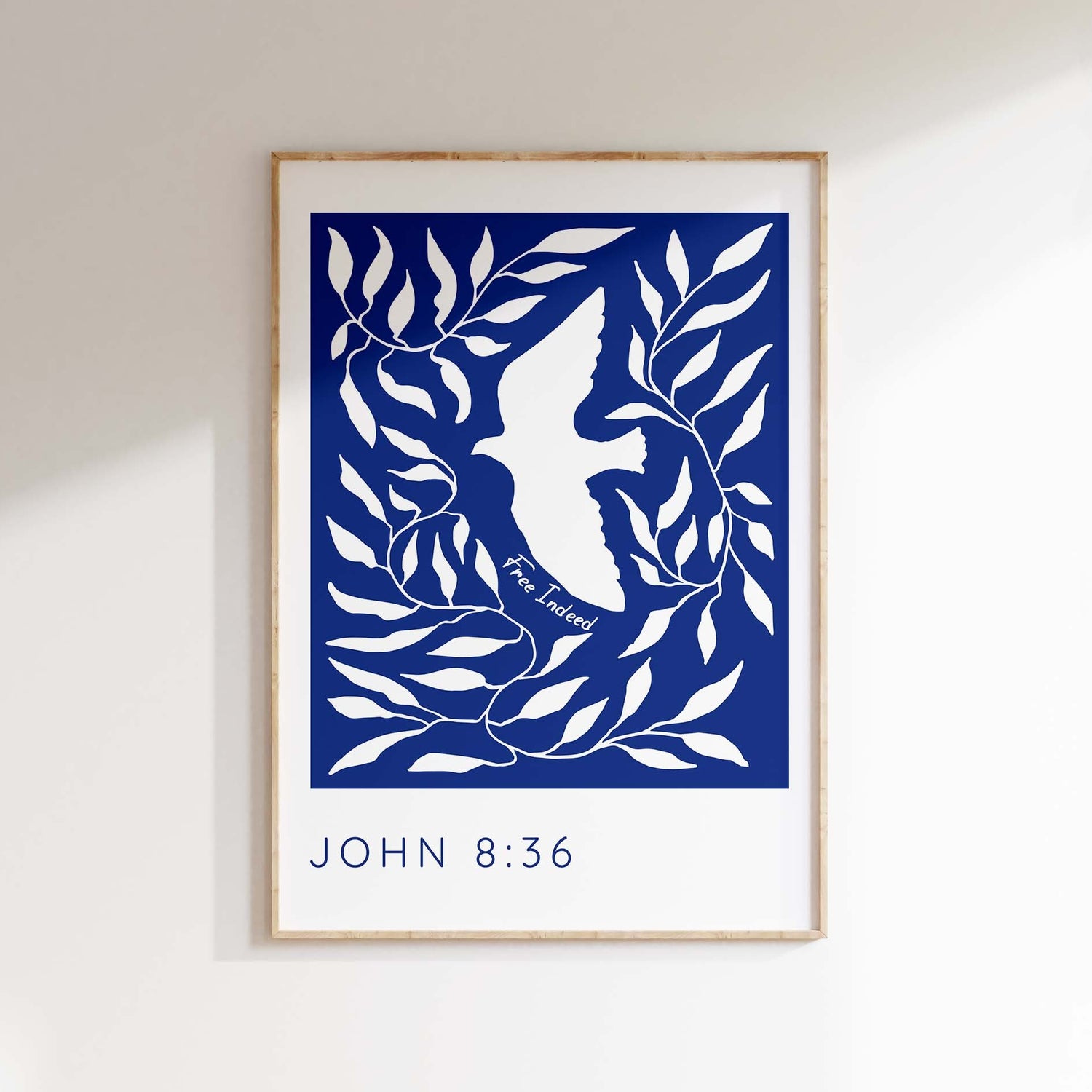 White dove surrounded by leaves, 'Free Indeed' John 8:36 print, spiritual wall art
