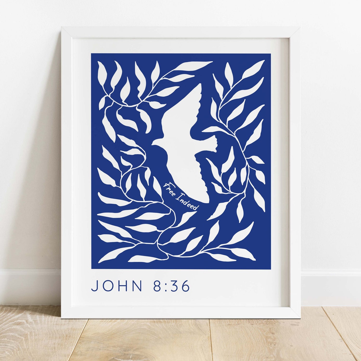 Serene white dove art with 'Free Indeed' quote, John 8:36 print, Christian decor