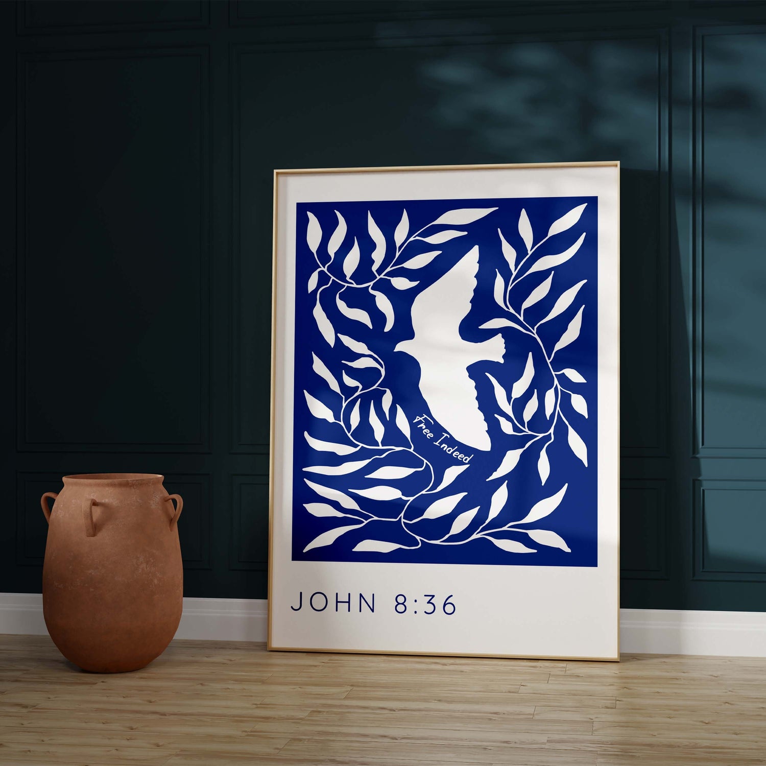 Graceful white dove artwork, John 8:36 'Free Indeed' quote print, religious decor