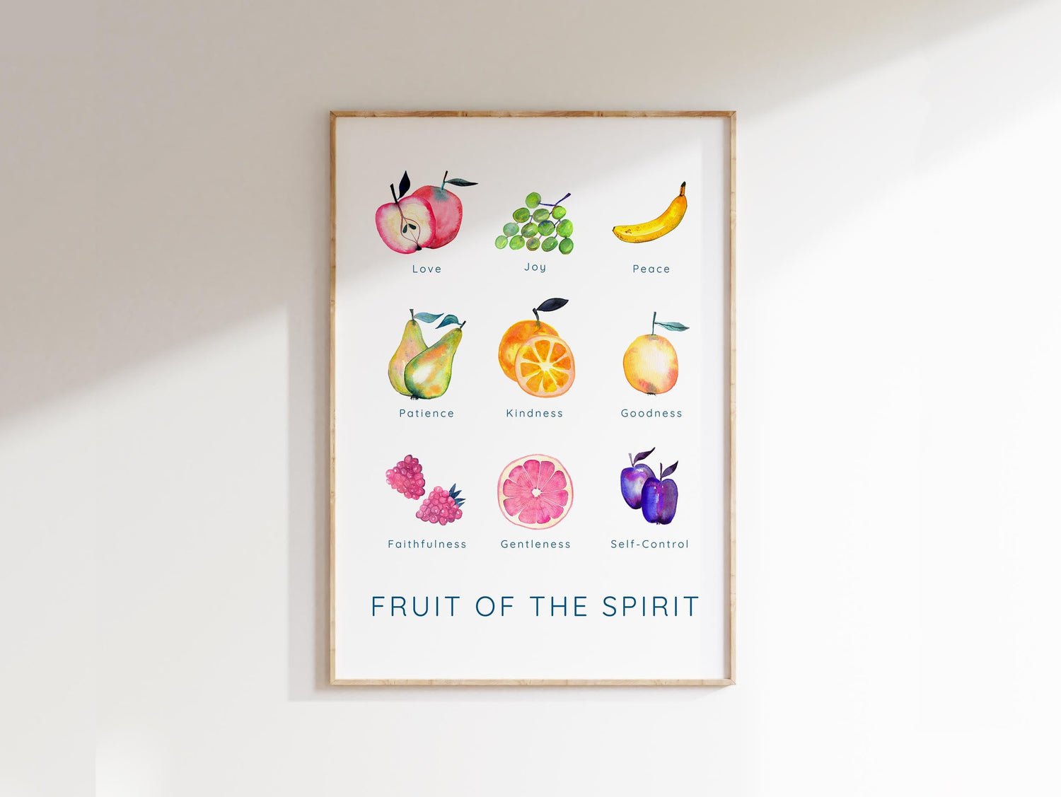 Christian Home Decor with Nine Fruits, Colorful Fruit of the Spirit Scripture Print, Artistic Depiction of Galatians 5:22-23 Fruits