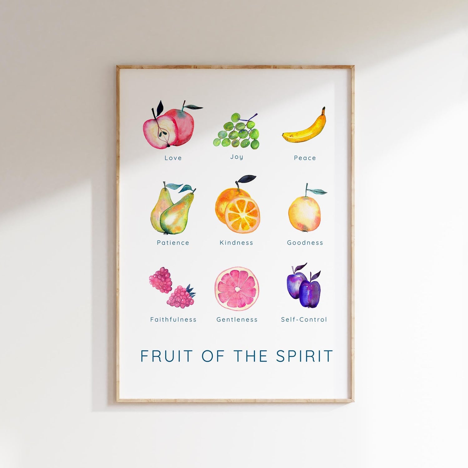 Christian Home Decor with Nine Fruits, Colorful Fruit of the Spirit Scripture Print, Artistic Depiction of Galatians 5:22-23 Fruits