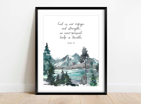 Psalm 46 1 Picture, God is Our Refuge Wall Art Print Christian Decor, Christian gift with Bible verse for home, forest scripture art