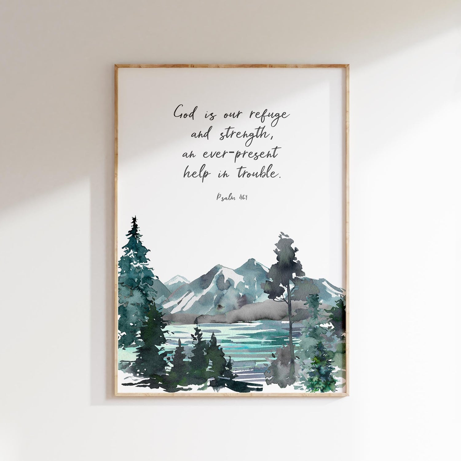 Psalm 46 1 Picture, God is Our Refuge Wall Art Print Christian Decor, Christian gift with Bible verse for home, forest scripture art
