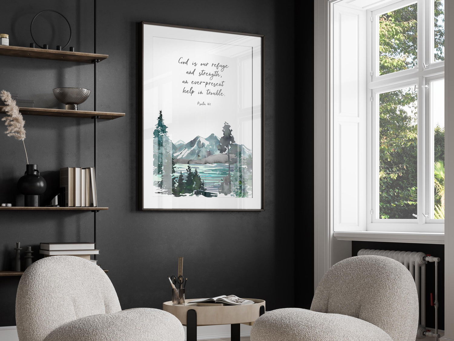 God's refuge and strength home decor, Mountain art with Psalm 46:1 quote for Christians, Mountain and lake Christian wall art