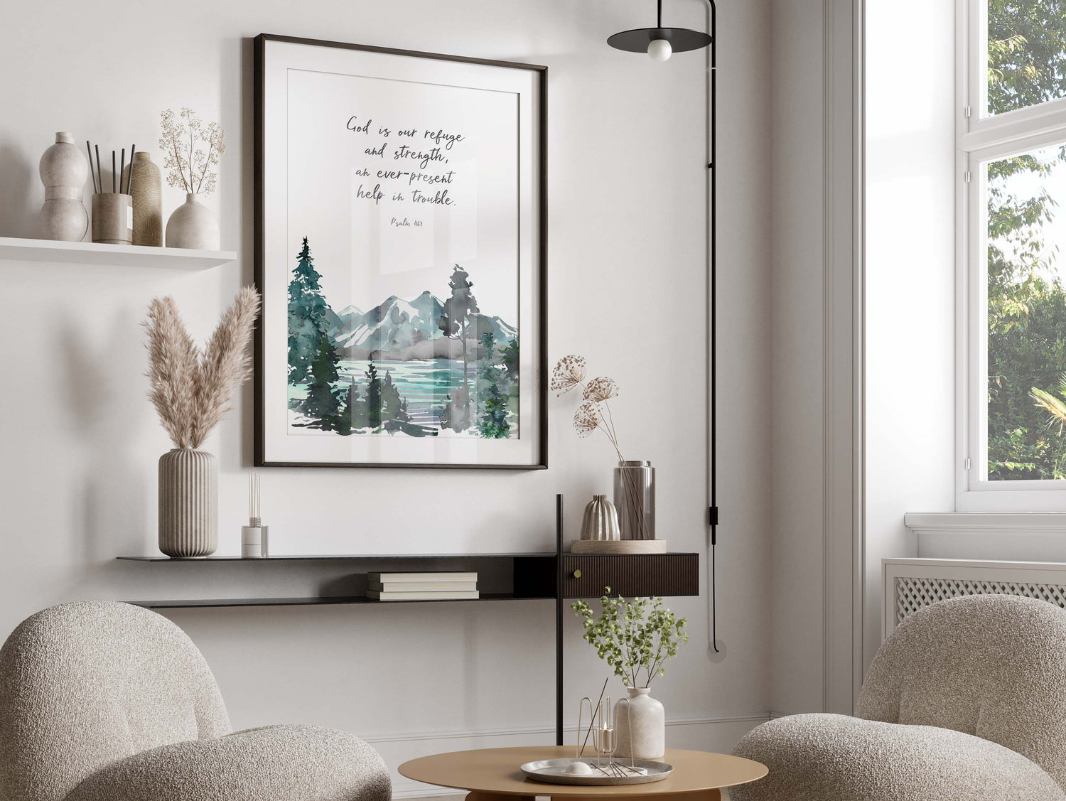 Bedroom sanctuary with Bible quotes decor, Nature-inspired Christian scripture artwork, Psalm 46:1 mountain landscape wall print