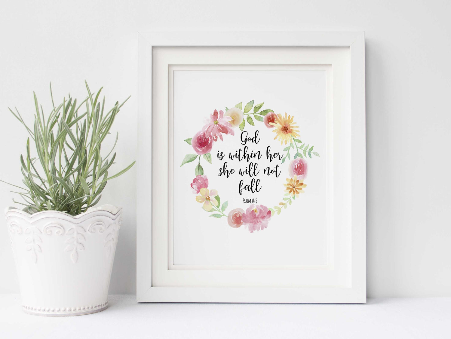 God is Within Her Wall Art Quote Print, Psalm 46 5 Printable Version, God's presence in a pretty floral print