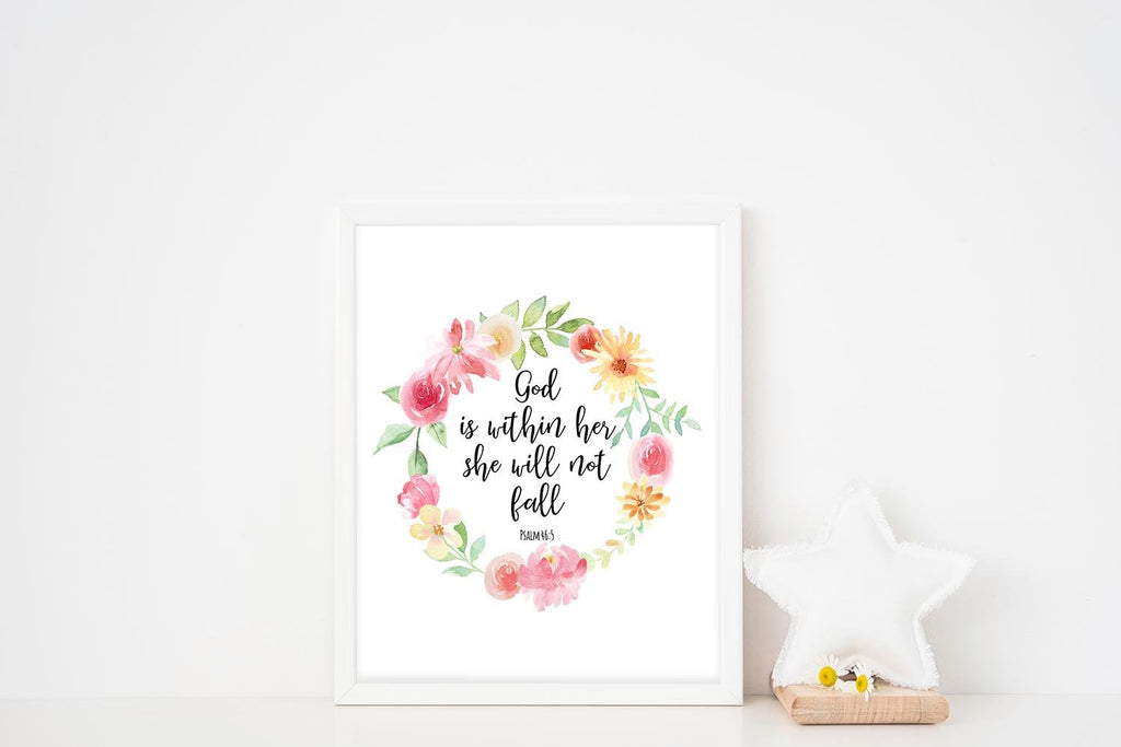 Psalm 46 5 Bible Verse Art Print, Bible Verse Posters UK, Christian artwork with vibrant floral design, floral christian wall art