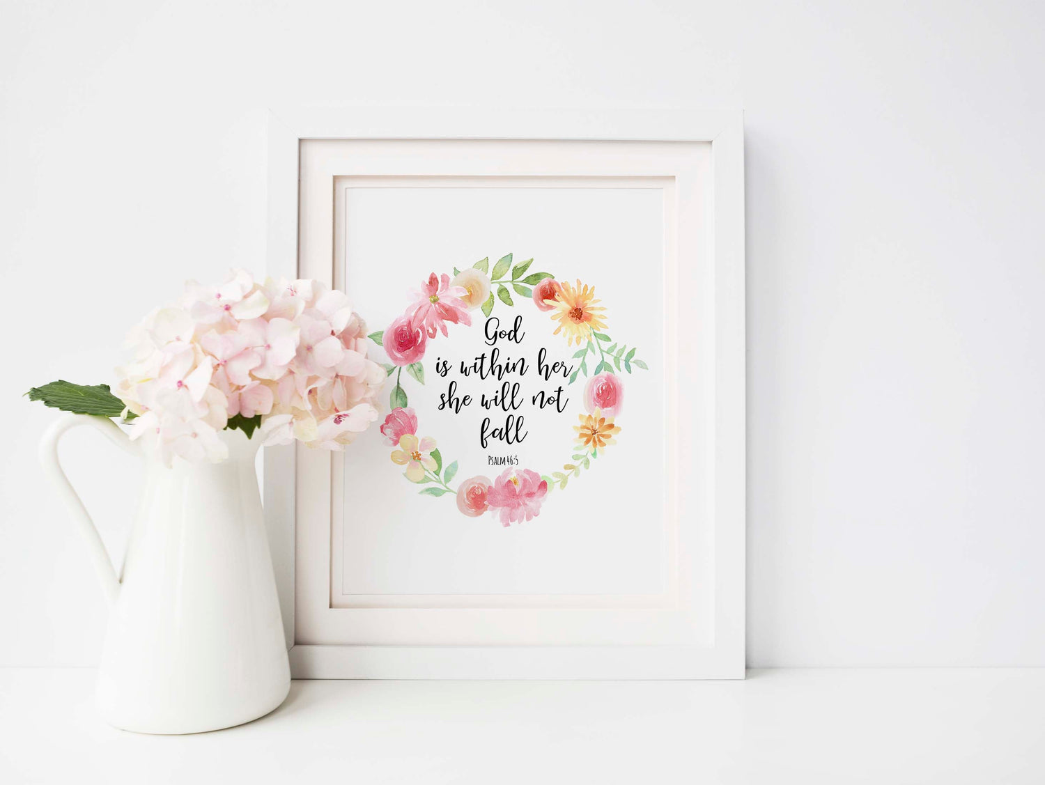 Faith-inspired wall art with Psalm 46:5, Elegant Christian print with comforting quote, FLoral print with encouraging Psalm 46:5