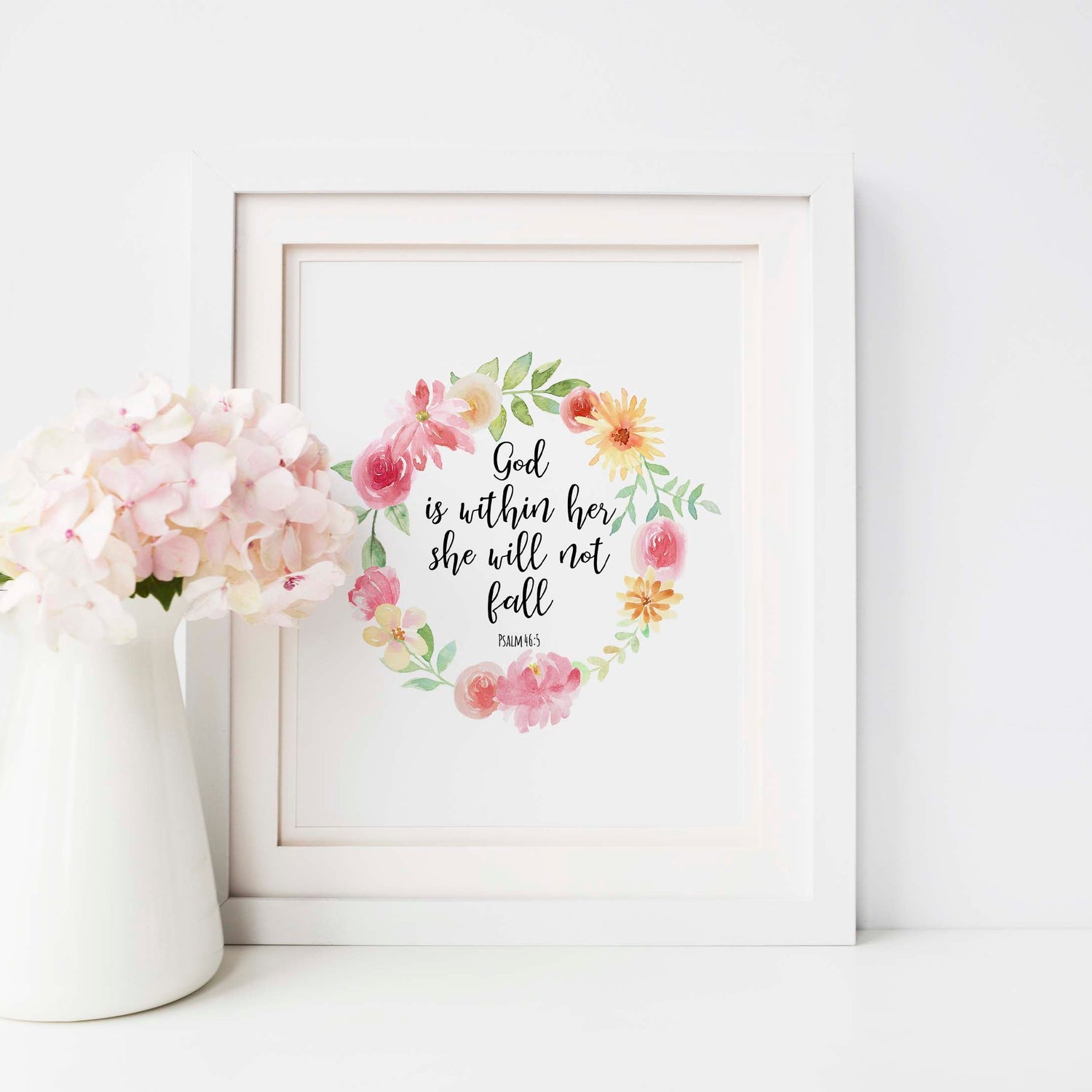 Faith-inspired wall art with Psalm 46:5, Elegant Christian print with comforting quote, FLoral print with encouraging Psalm 46:5