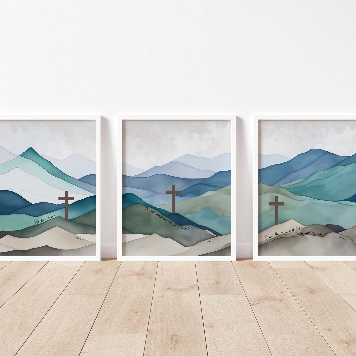 Mountain landscape scripture triptych, Christian wall art set with Bible verses, Watercolor mountain hills print collection