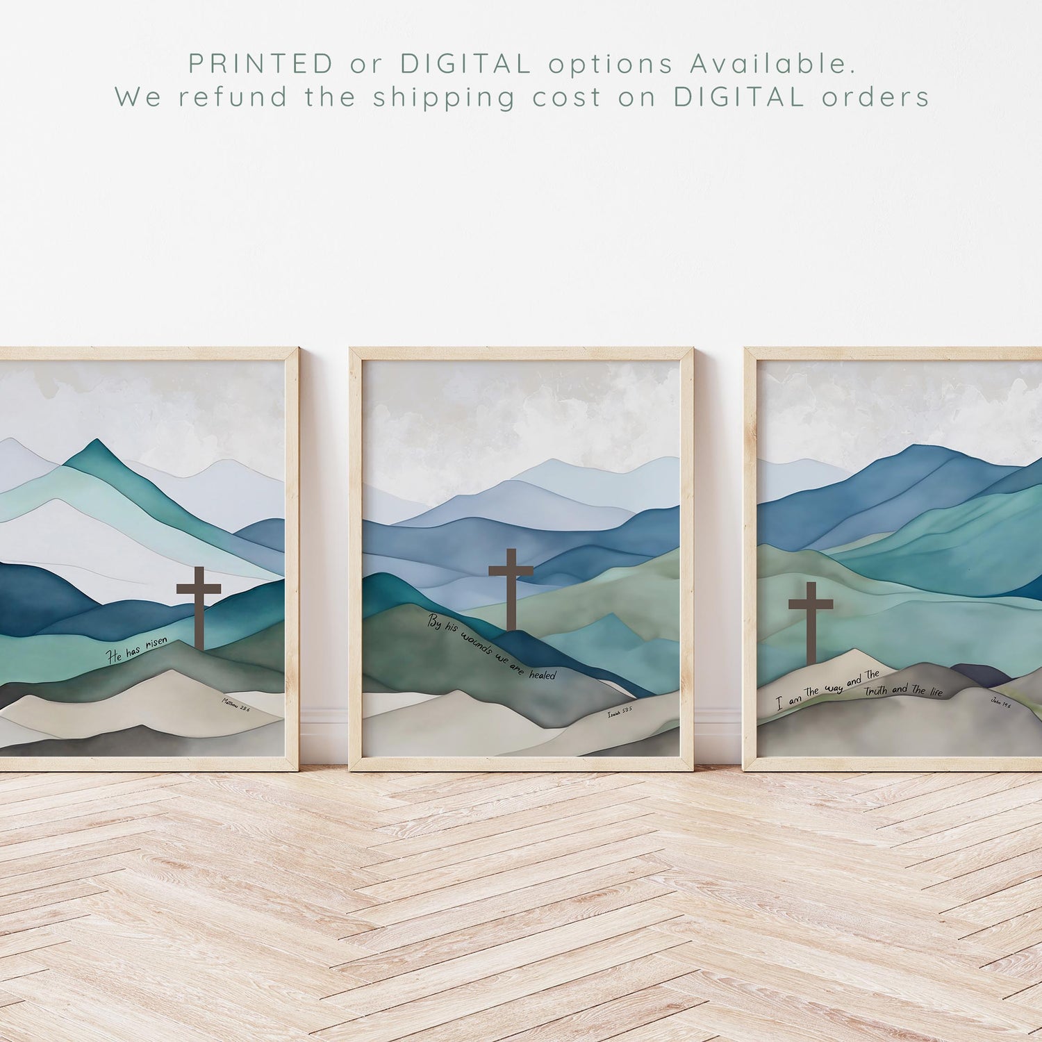 Isaiah 53:5 watercolor hill prints, John 14:6 mountain scene wall decor, Faith-themed watercolor triptych set