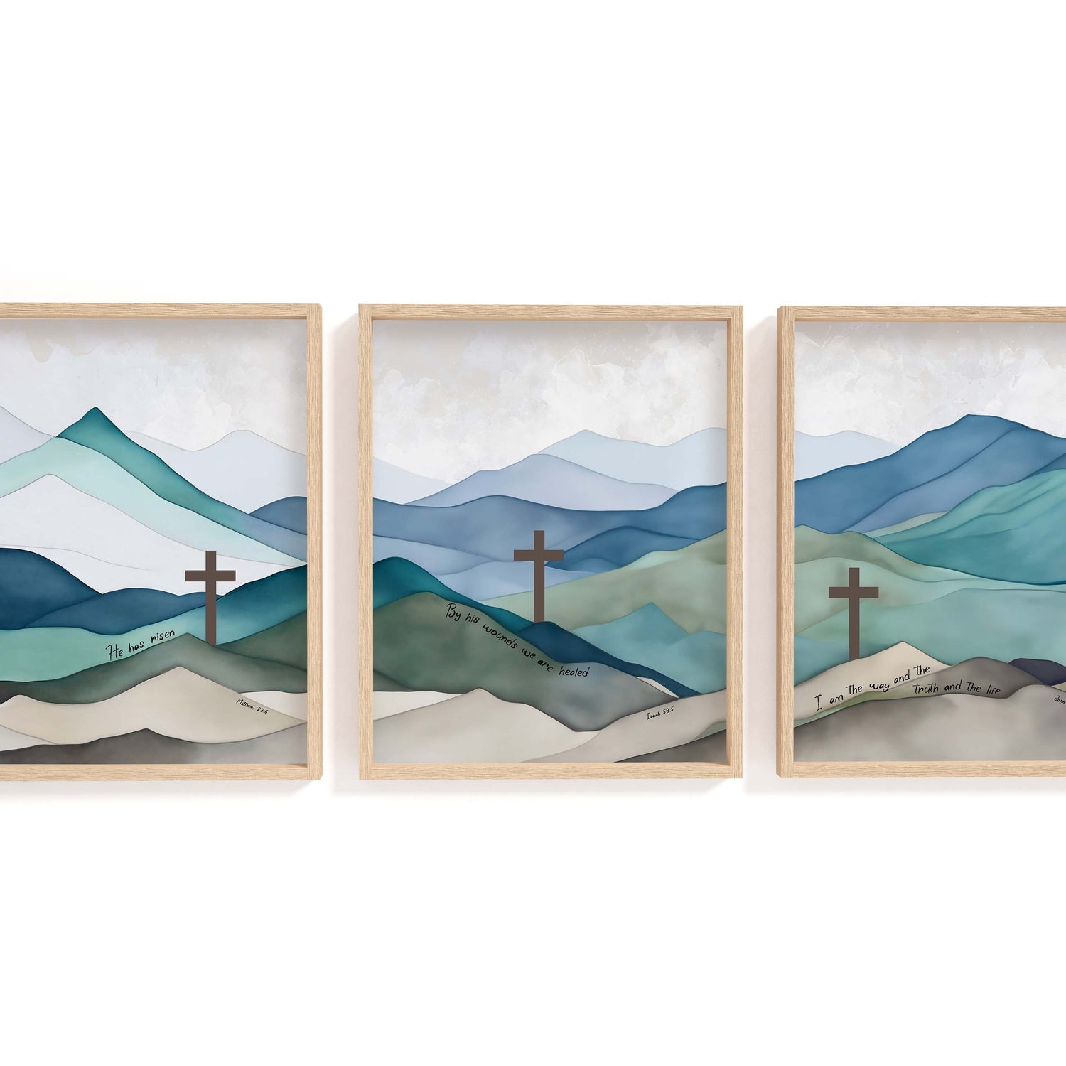 Spiritual journey wall art collection, Three-piece scripture mountain print, Biblical verse watercolor hills series