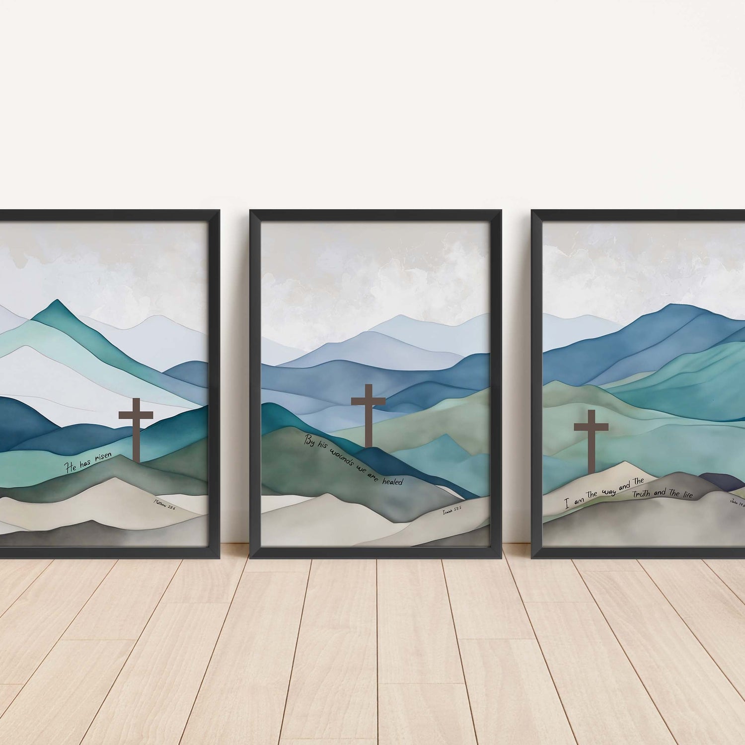 Matthew 28:6, Isaiah 53:5, John 14:6 triptych, Bible verse watercolor hills collection, Spiritual wall decor with high-quality prints
