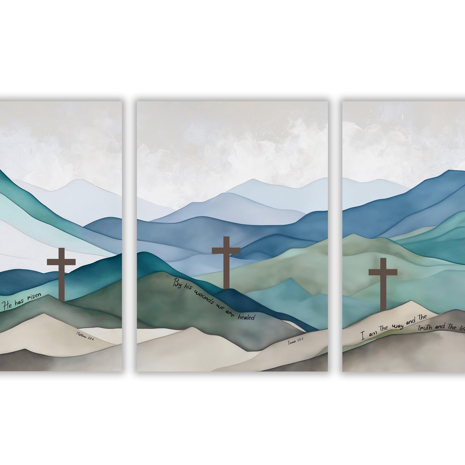 Versatile display options for scripture prints, High-quality Christian art for wall decor, Mountain Bible verse wall print set