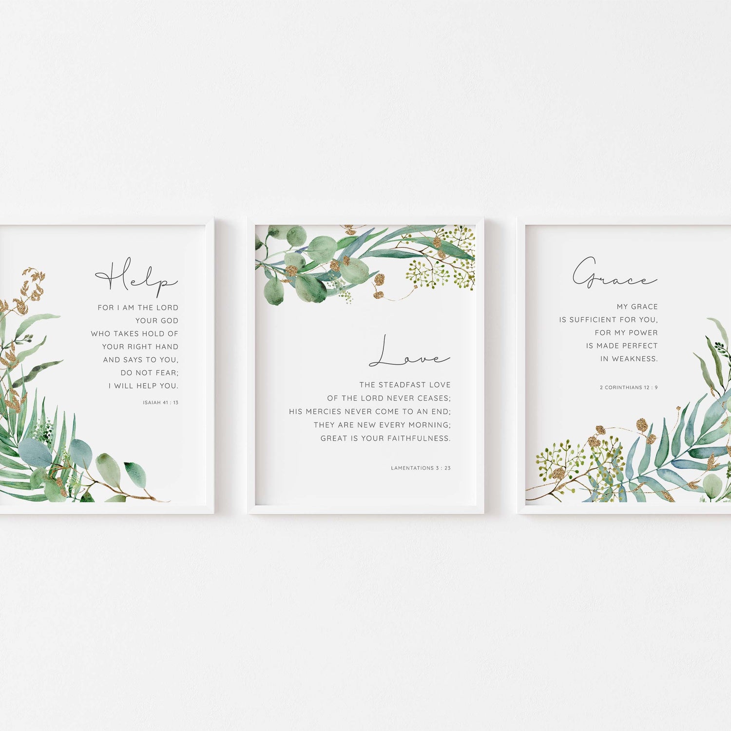 2 Corinthians 12:9 watercolor verse print, Isaiah 41:13 leaf surround Bible print, Faith-inspired botanical verse prints