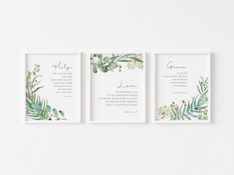 2 Corinthians 12:9 watercolor verse print, Isaiah 41:13 leaf surround Bible print, Faith-inspired botanical verse prints