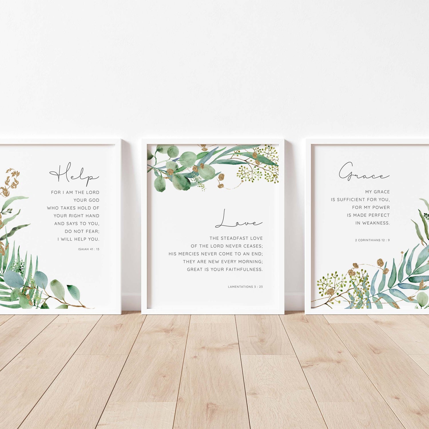 Nature-themed promises of God prints, Botanical watercolor prints with Bible verses, Leaf surround Scripture art set
