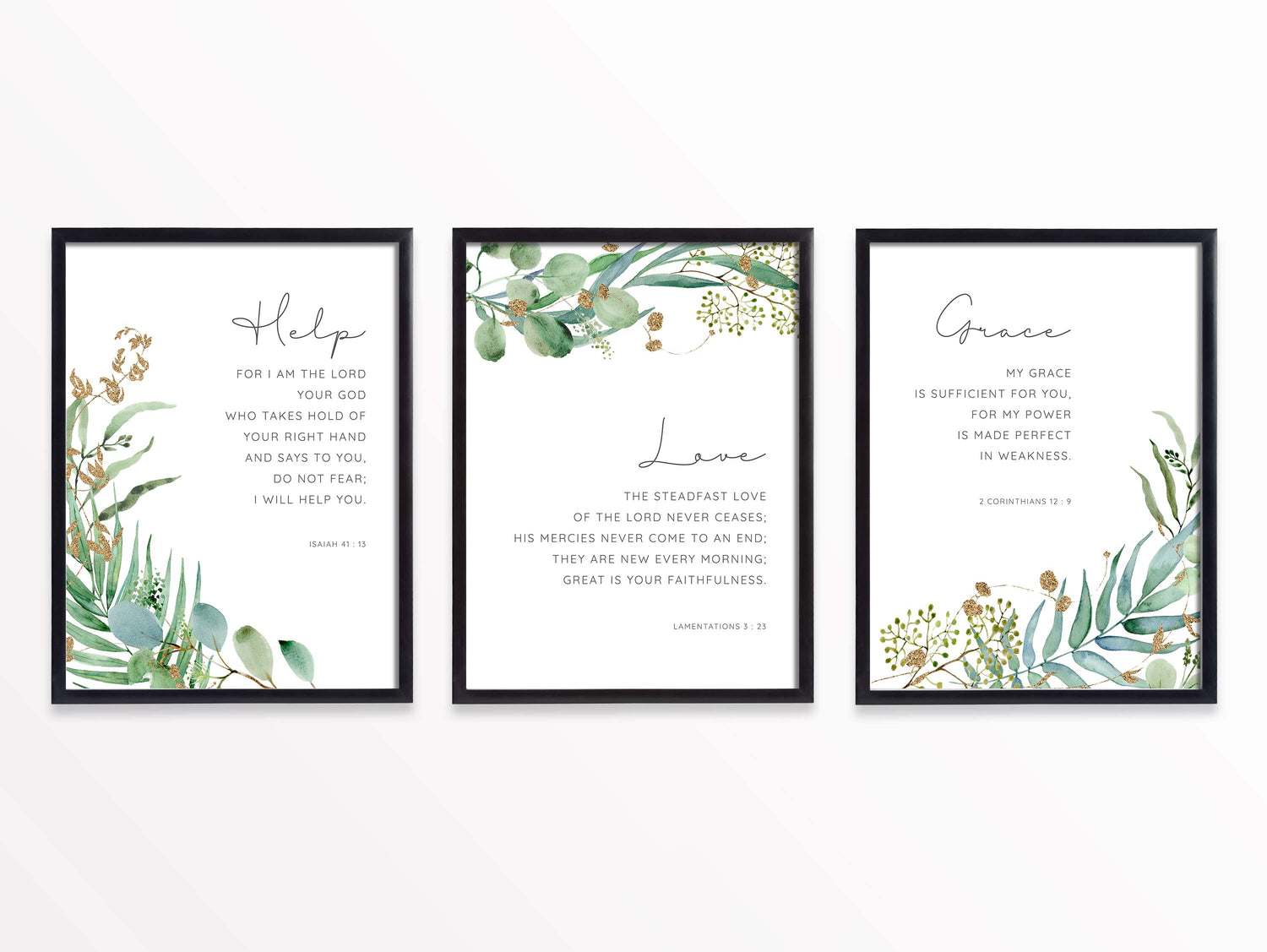 Watercolor botanical prints with divine promises, Encouraging Bible verse prints with leaf surrounds, God's promises watercolor art set