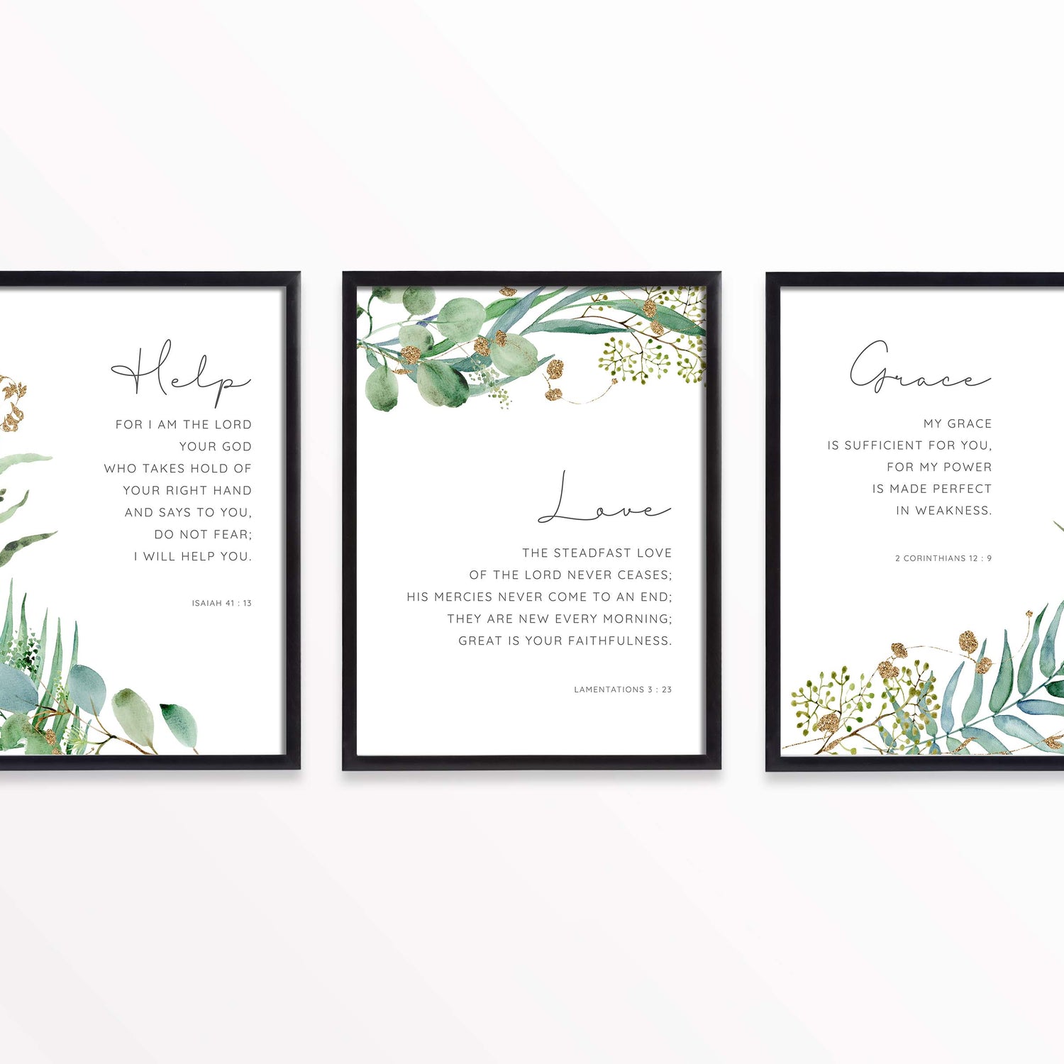 Watercolor botanical prints with divine promises, Encouraging Bible verse prints with leaf surrounds, God's promises watercolor art set