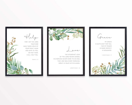 Watercolor botanical prints with divine promises, Encouraging Bible verse prints with leaf surrounds, God's promises watercolor art set