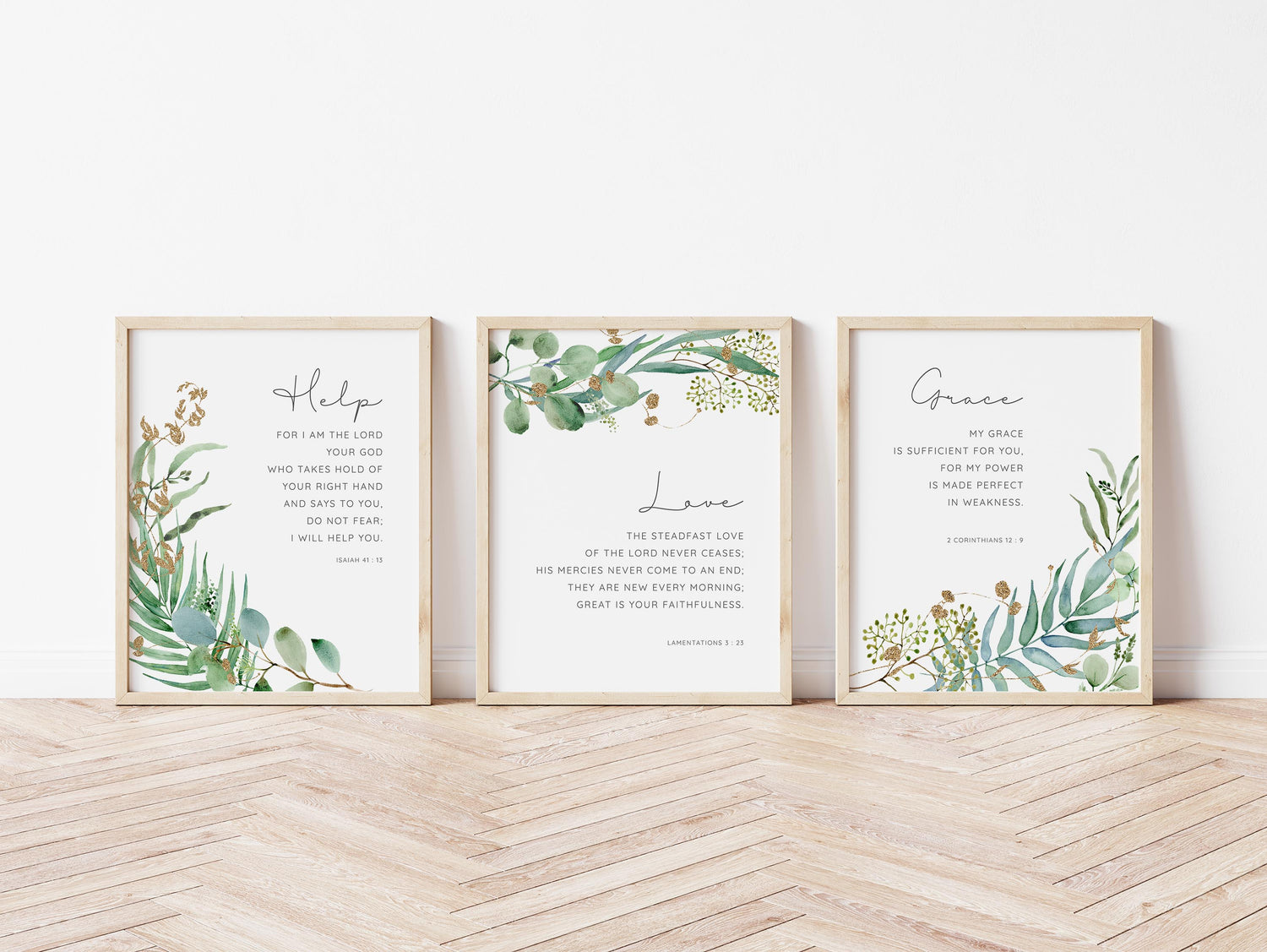 Promises of God botanical print set, Watercolor leaf surrounds Bible verse prints, Lamentations 3:23 botanical print