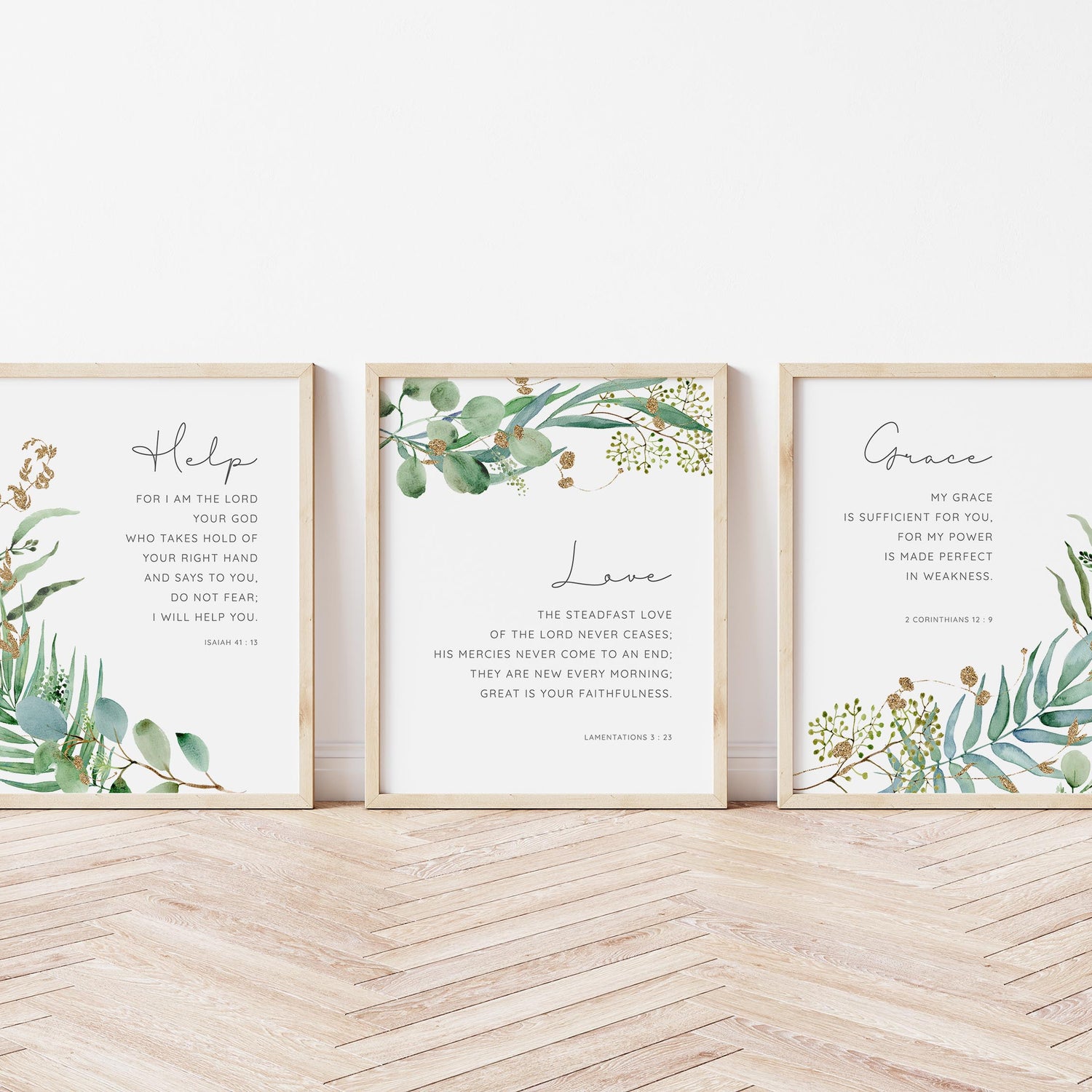 Promises of God botanical print set, Watercolor leaf surrounds Bible verse prints, Lamentations 3:23 botanical print
