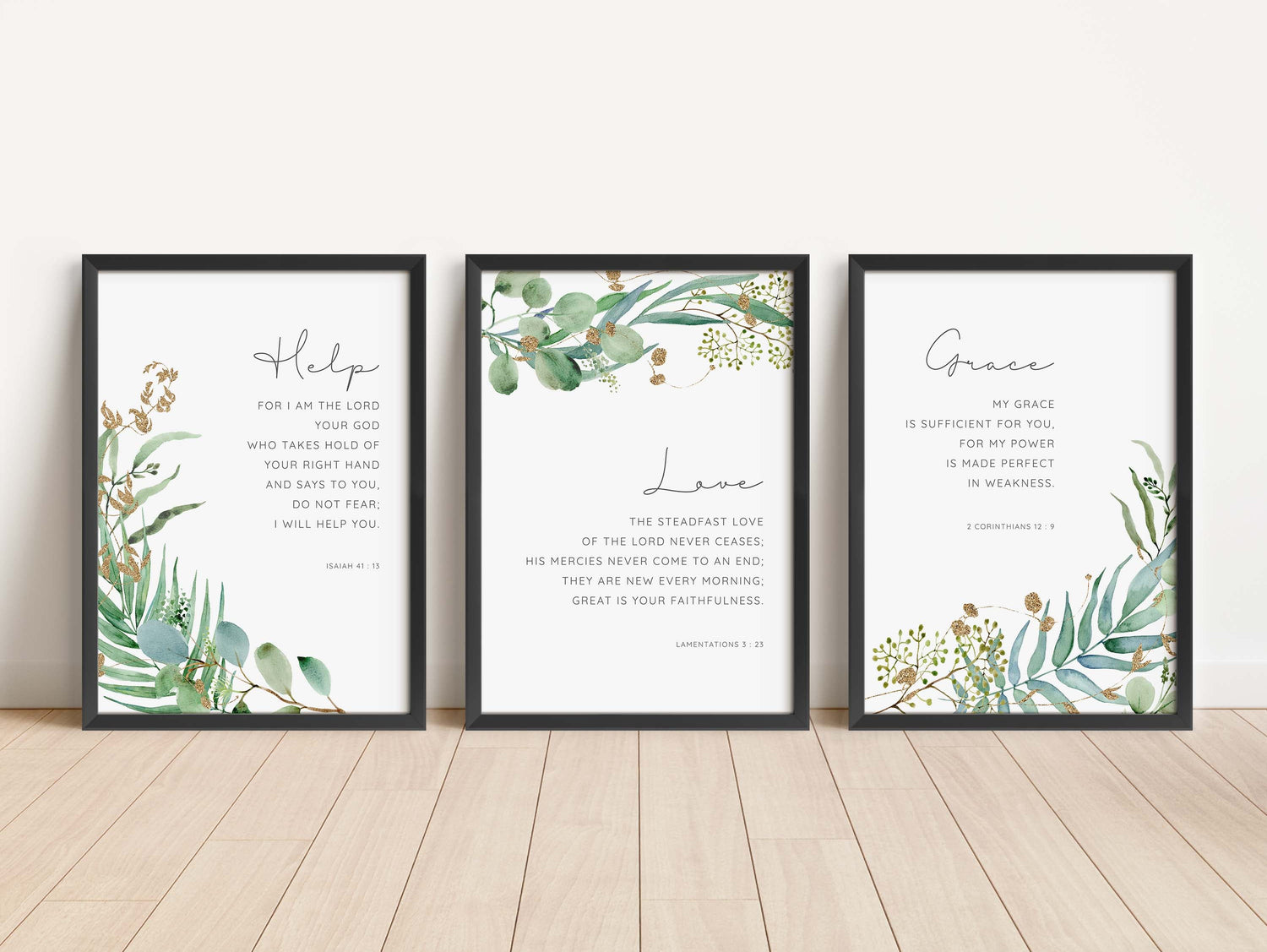 Promises of God wall art with watercolor leaf surrounds, Watercolor botanical Bible verse prints, Promises of God wall art set