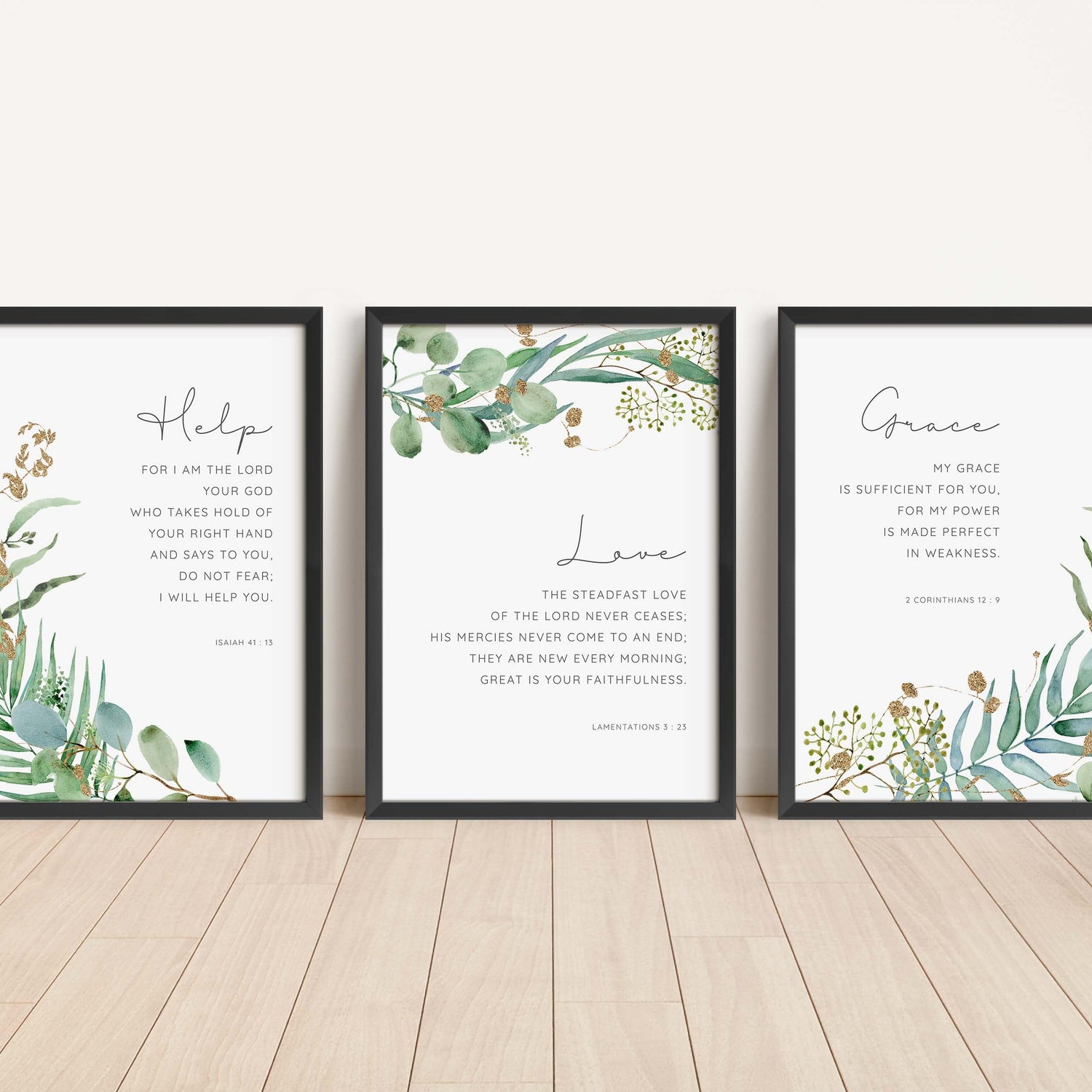 Promises of God wall art with watercolor leaf surrounds, Watercolor botanical Bible verse prints, Promises of God wall art set