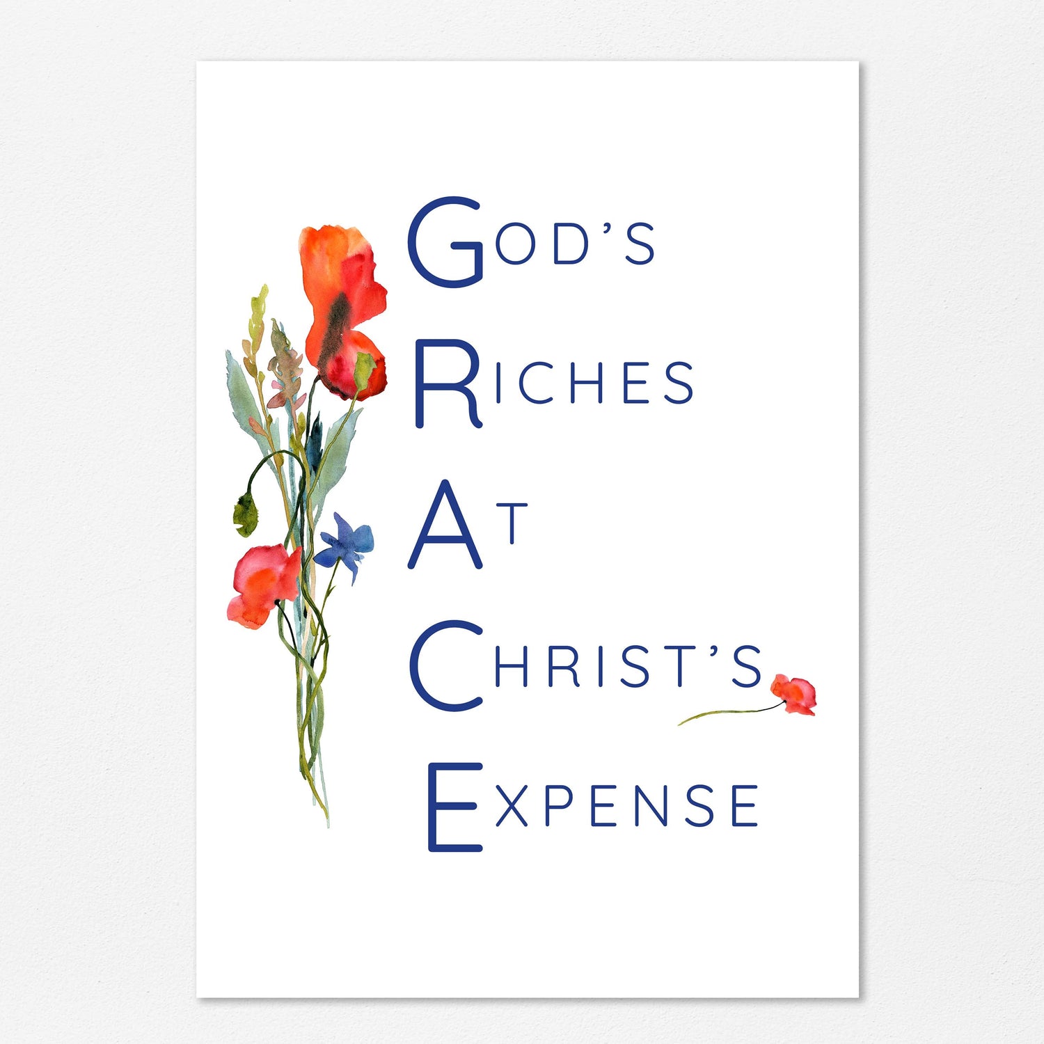 Elegant Christian print with watercolor flowers and GRACE acronym - God's riches at Christ's expense - an inspiring reminder of divine love.