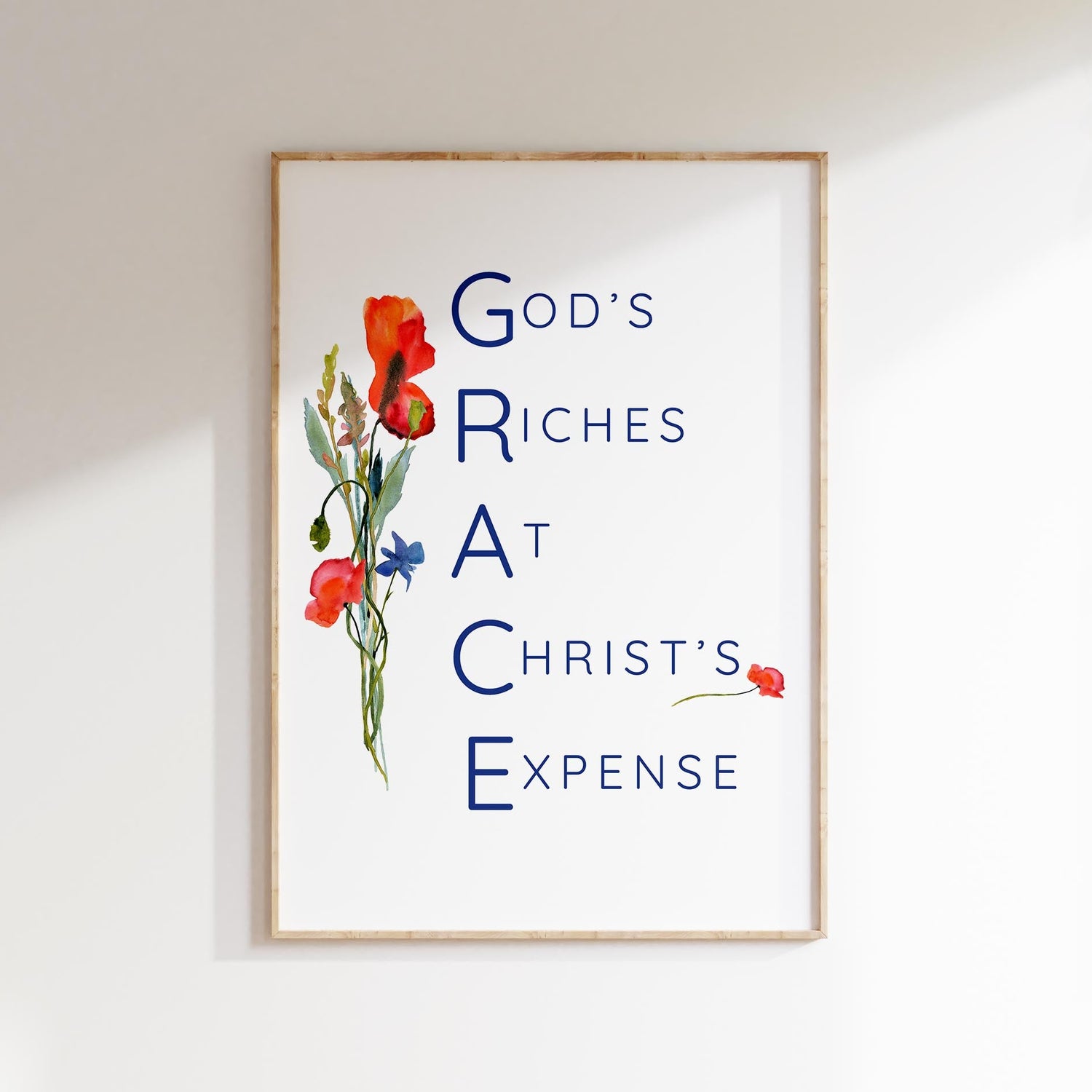 GRACE-themed Christian poster: a delicate bouquet of watercolor flowers forming the acronym, a symbol of God's boundless blessings.