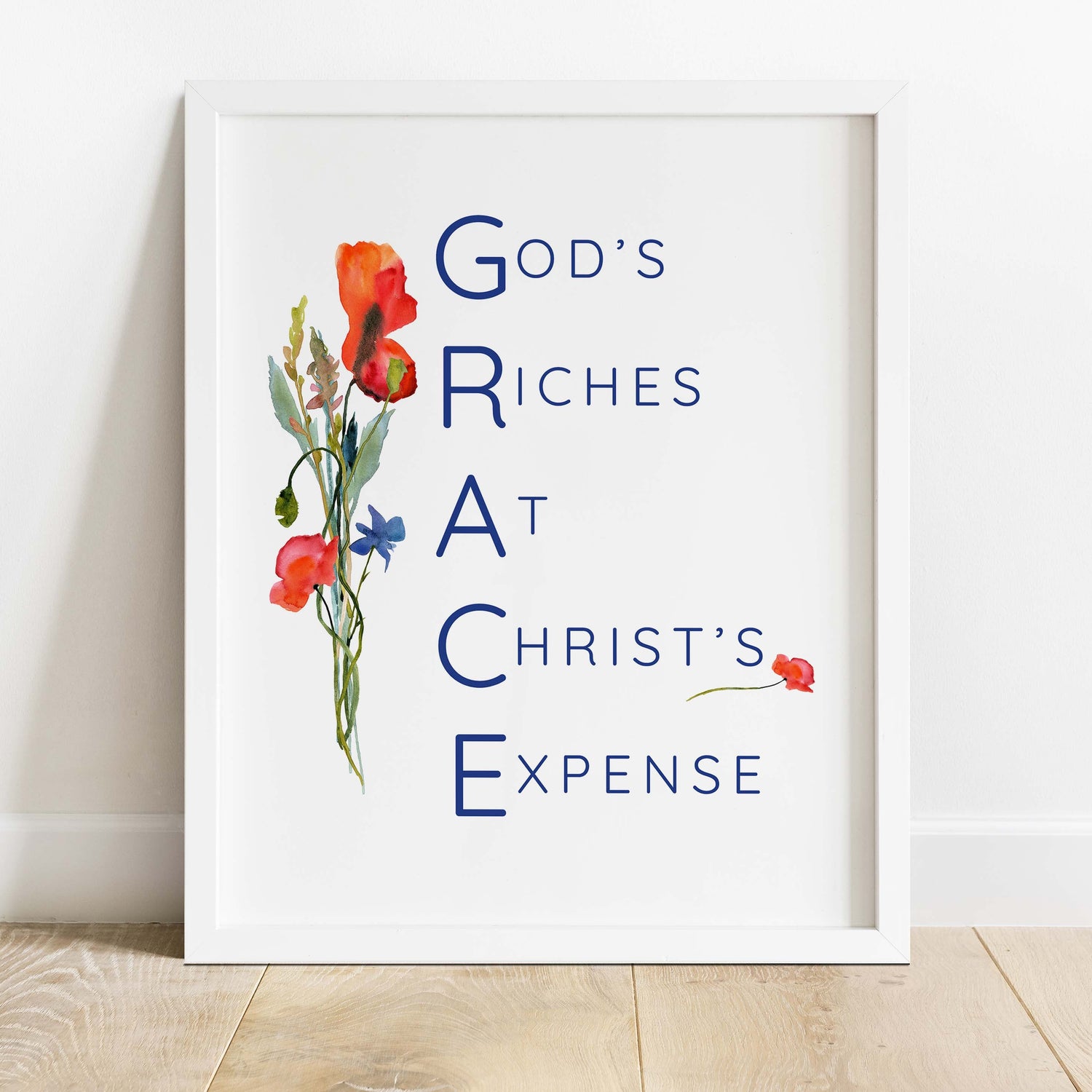 Graceful watercolor flowers and GRACE letters make this Christian print a touching tribute to God's love and Christ's sacrifice.