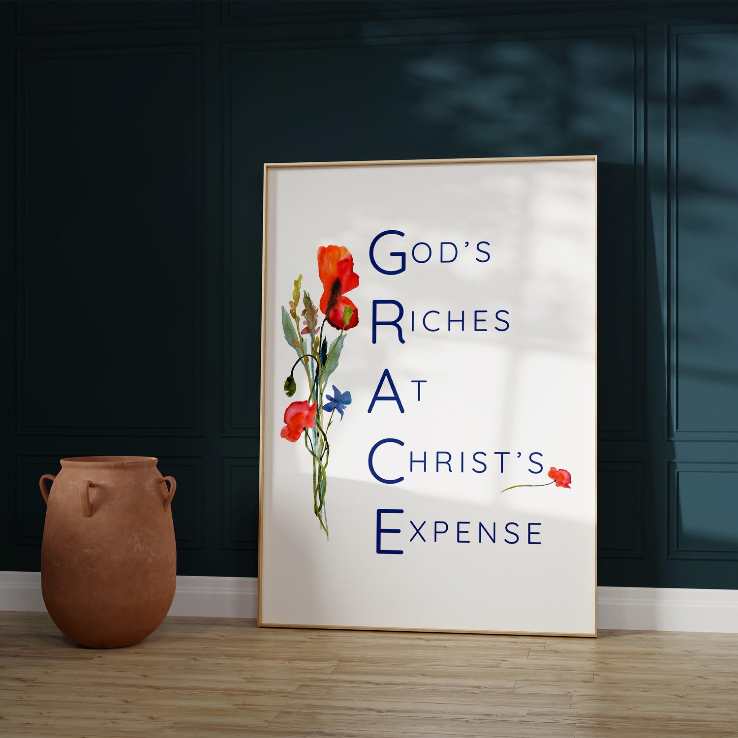 Elevate your space with a GRACE-themed Christian print - watercolor flowers and meaningful acronym remind us of God's love