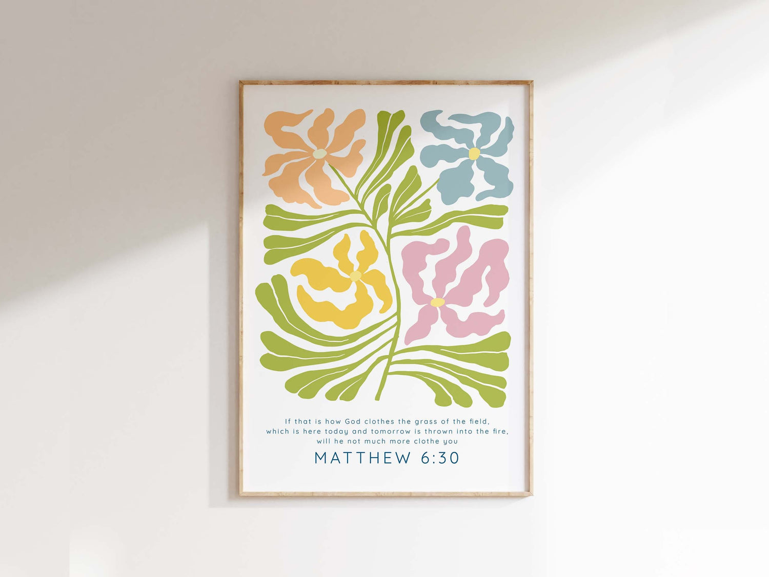Contemporary Christian wall art with Matthew 6:30 verse, Modern faith art with floral Matisse design and Scripture