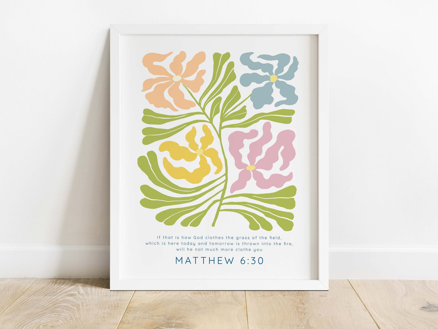 Faith-inspired artwork featuring Matthew 6:30 passage, Colorful Matisse design Bible verse print for home decor
