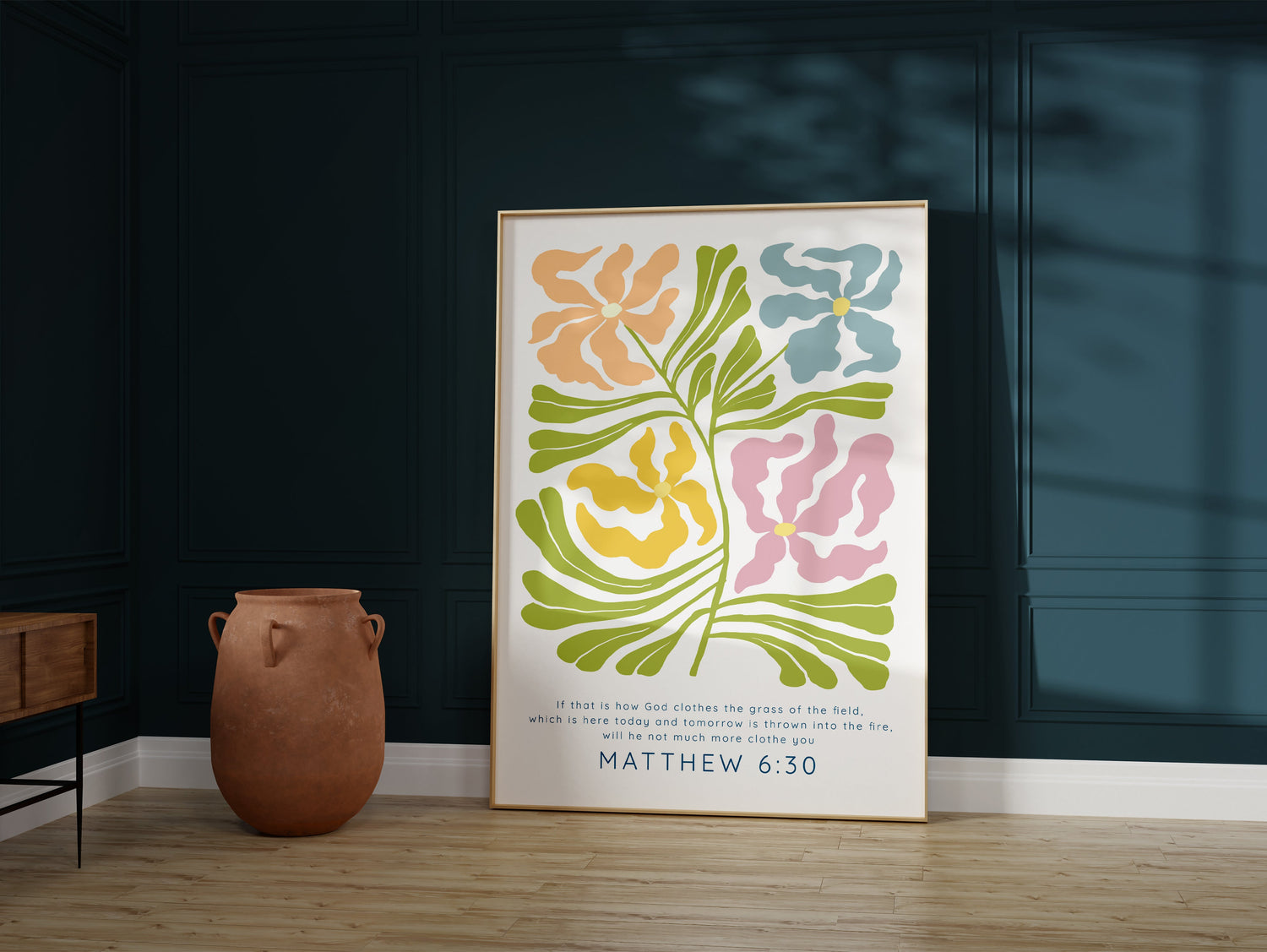 Graceful floral artwork with Matthew 6:30 Scripture, Matisse-inspired floral wall art with encouraging quote