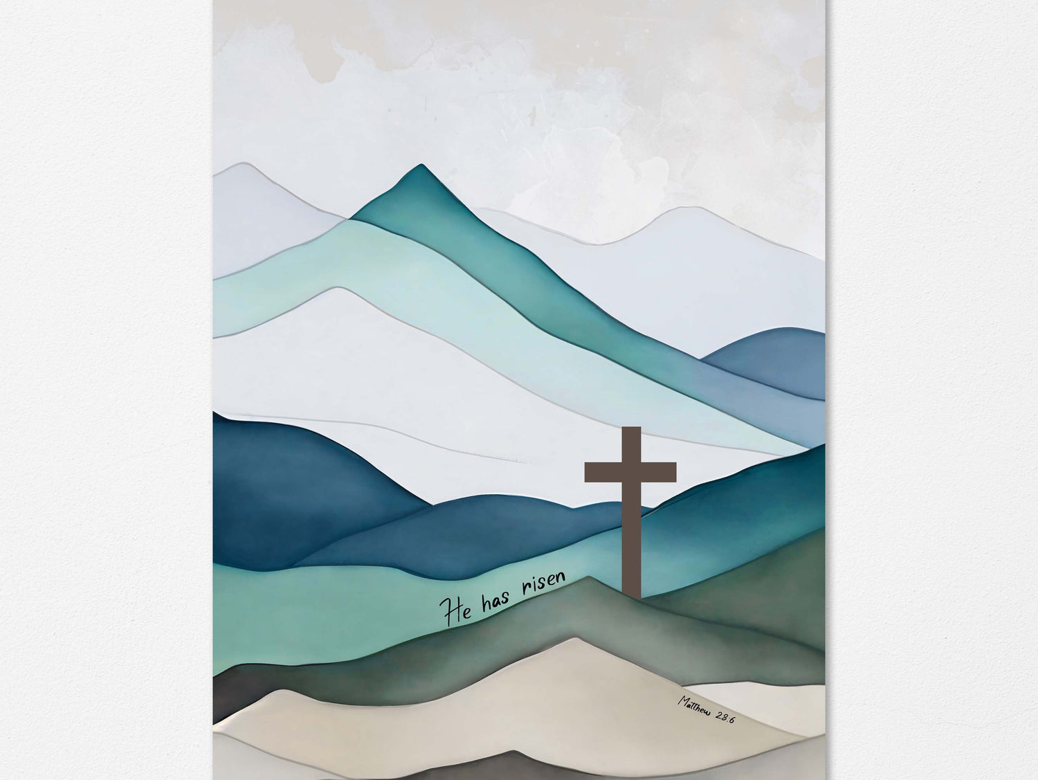 He Has Risen Christian artwork, Easter cross and mountain decor, Majestic mountain cross wall print, Faith-inspired Jesus Cross decor