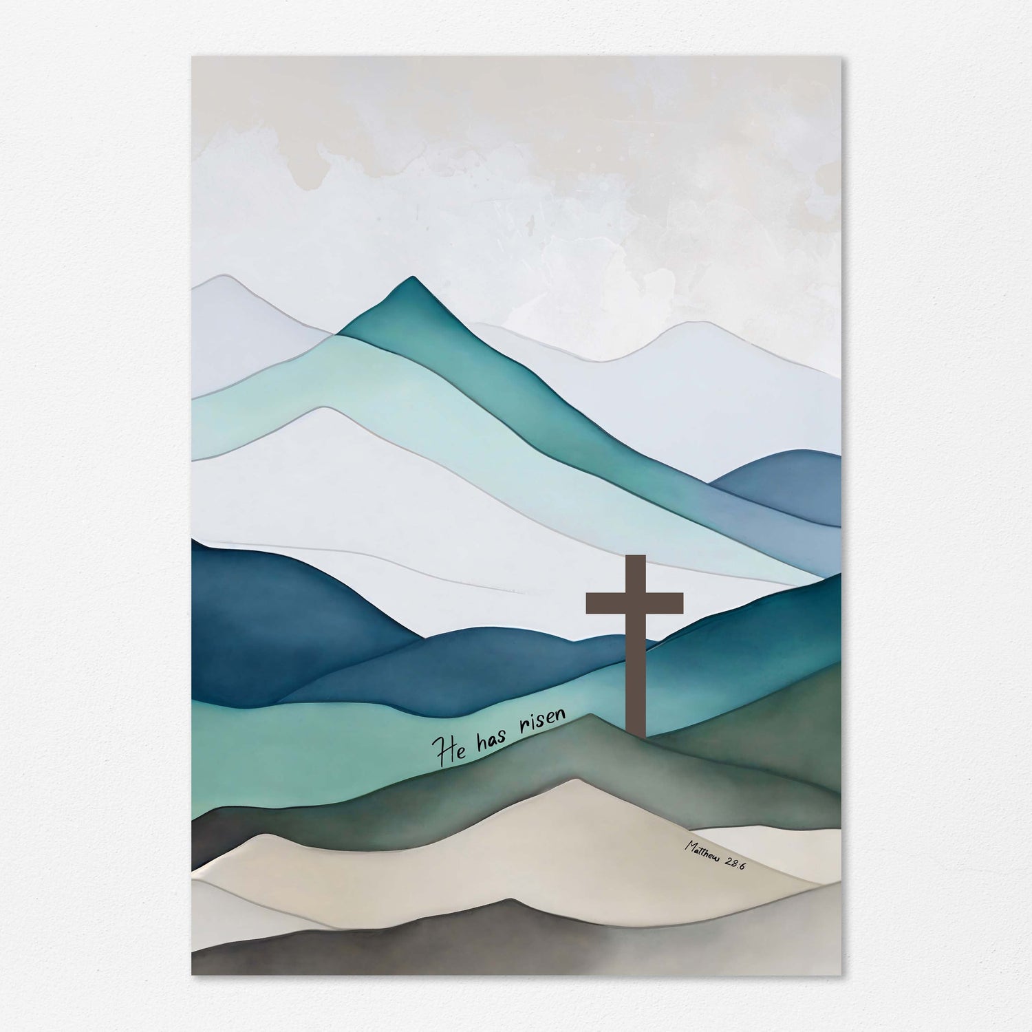 He Has Risen Christian artwork, Easter cross and mountain decor, Majestic mountain cross wall print, Faith-inspired Jesus Cross decor
