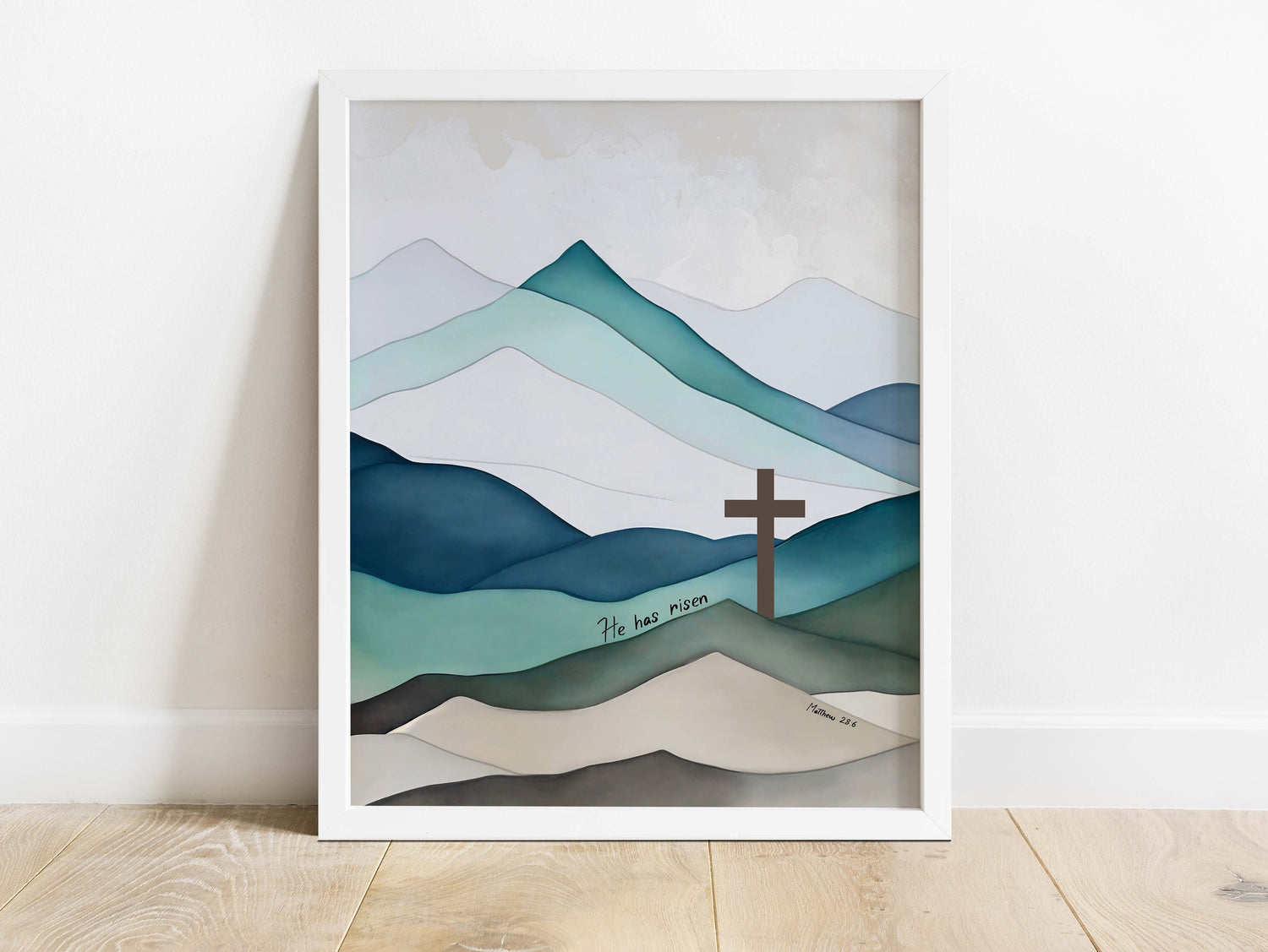 Triumphant resurrection wall print, He Has Risen Bible verse artwork, Elegant Jesus Cross decor for reflection, resurrection art