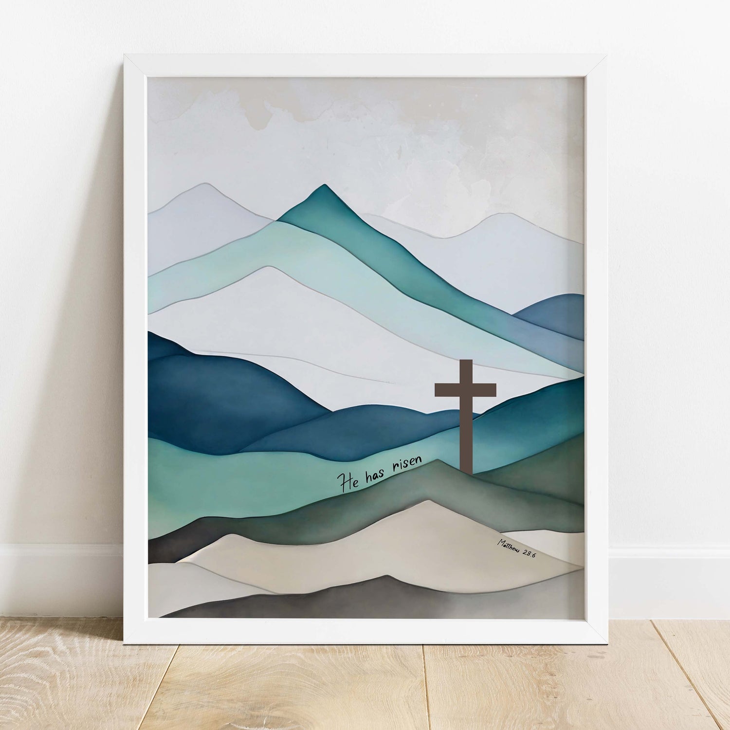 Triumphant resurrection wall print, He Has Risen Bible verse artwork, Elegant Jesus Cross decor for reflection, resurrection art