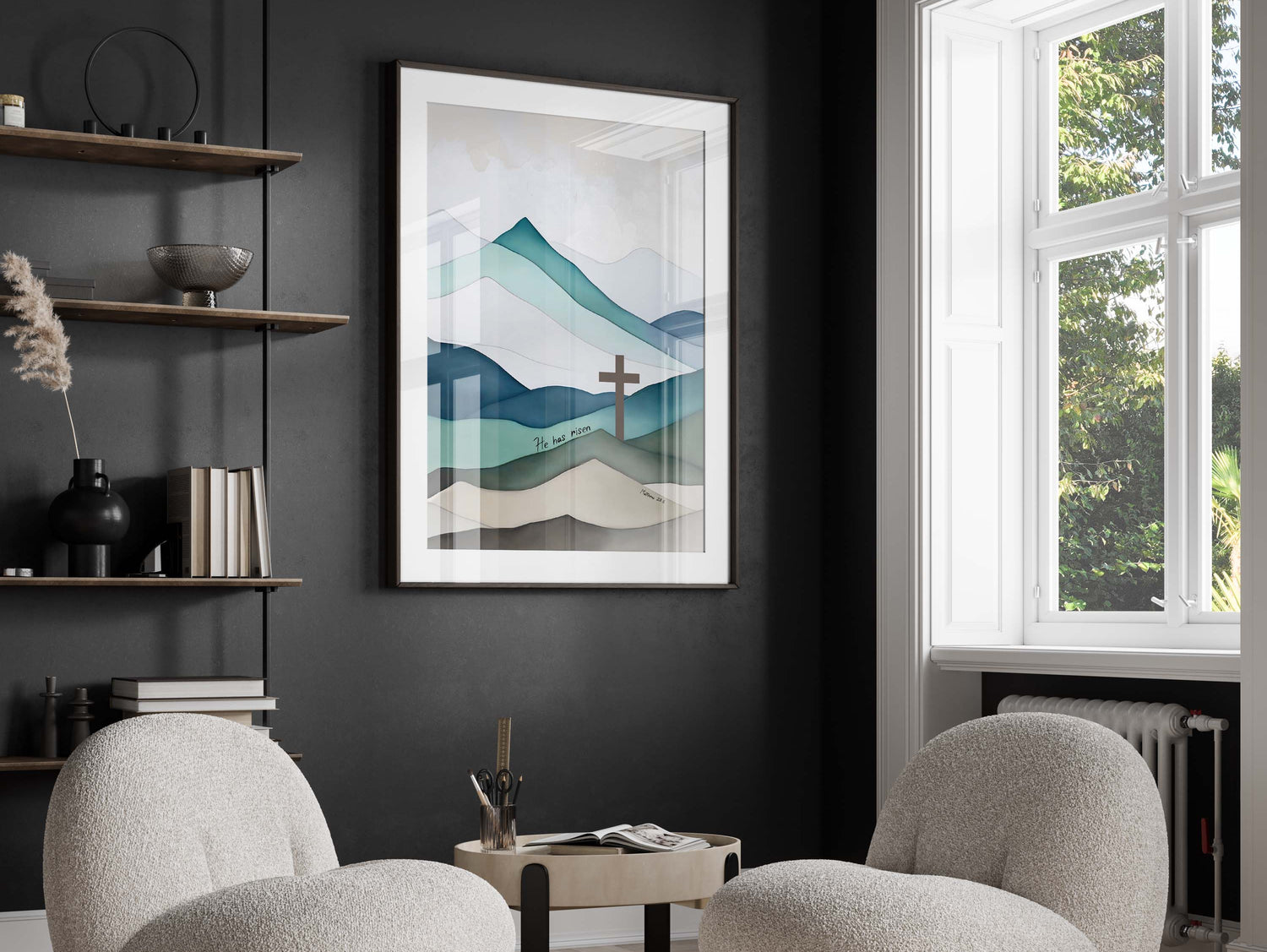 Faith-inspired Jesus Cross home decoration, Mountain landscape religious wall art, Christianity-inspired wall art with verse