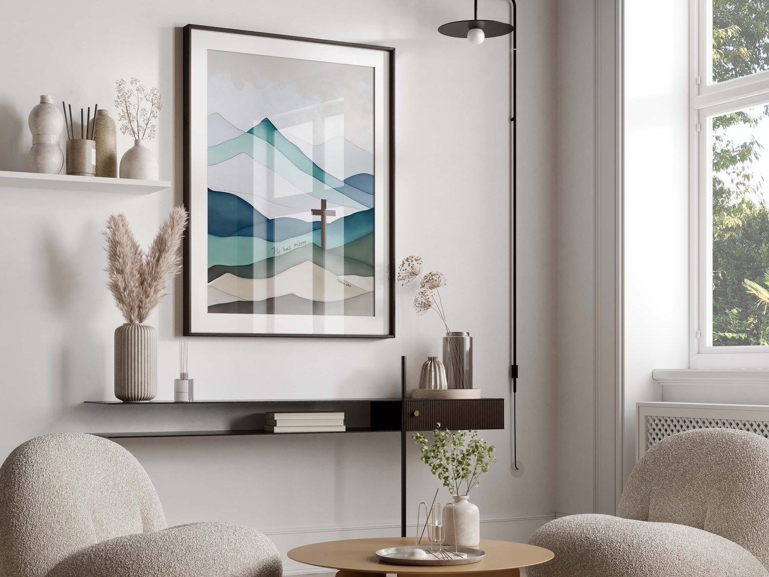 He Has Risen Easter Decor, Matthew 28 6 Jesus Cross Wall Art Print, Christian wall art with mountains, cross wall art print
